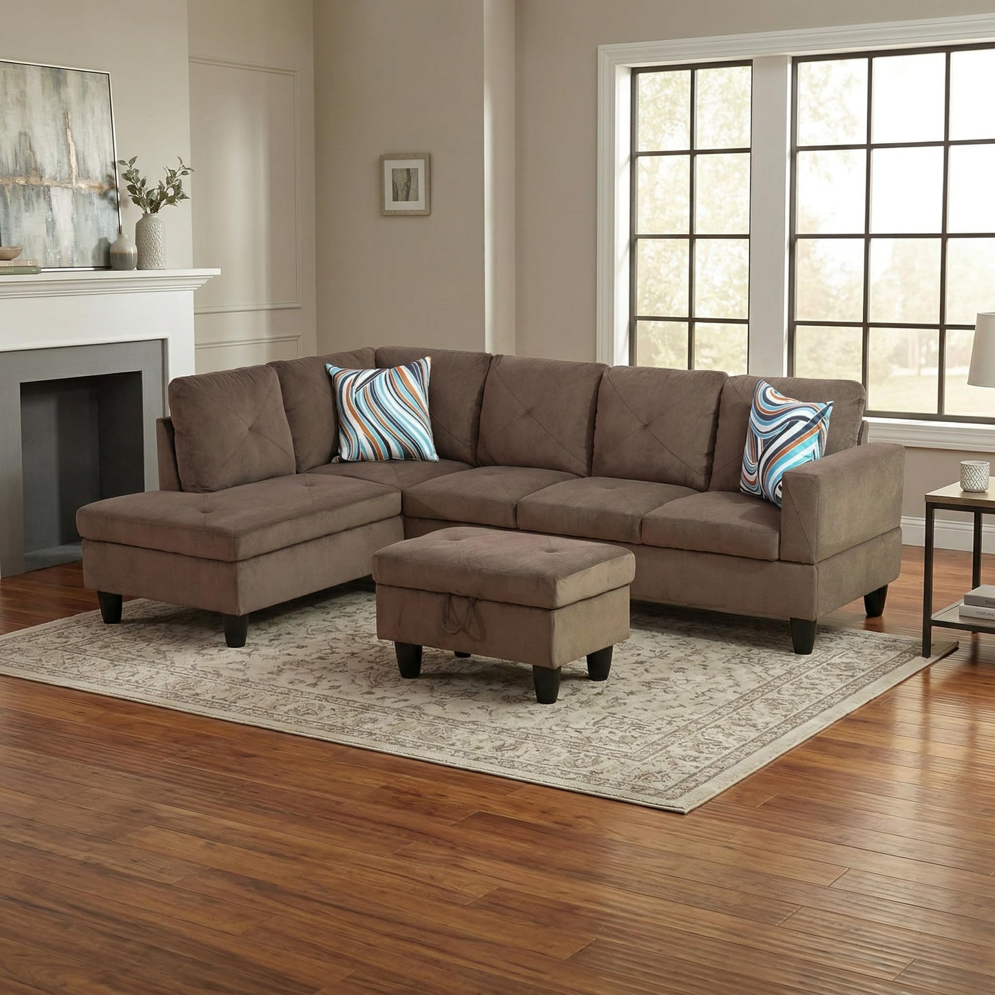 NicBex Sectional Couch 3 Pieces Sofa Set, L-Shaped Modular Couches for Living Room, Furniture Sets with Lounge Chaise & Storage Ottoman, Multi-Scene Use for Apartment & Office, Brown