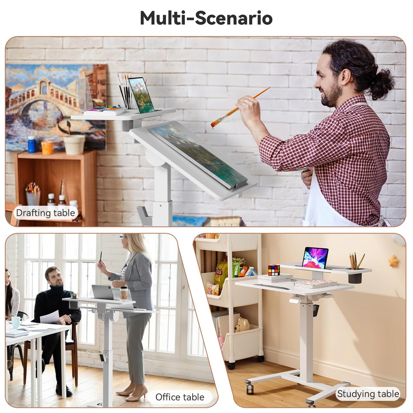 Liftsync 28Inch Mobile Standing Desk On Wheels, Rolling Laptop Stand with Tiltable Desktop, Small Computer Workstation Adjustable Height, 2-Tier Portable Study Table with Storage Shelves, White
