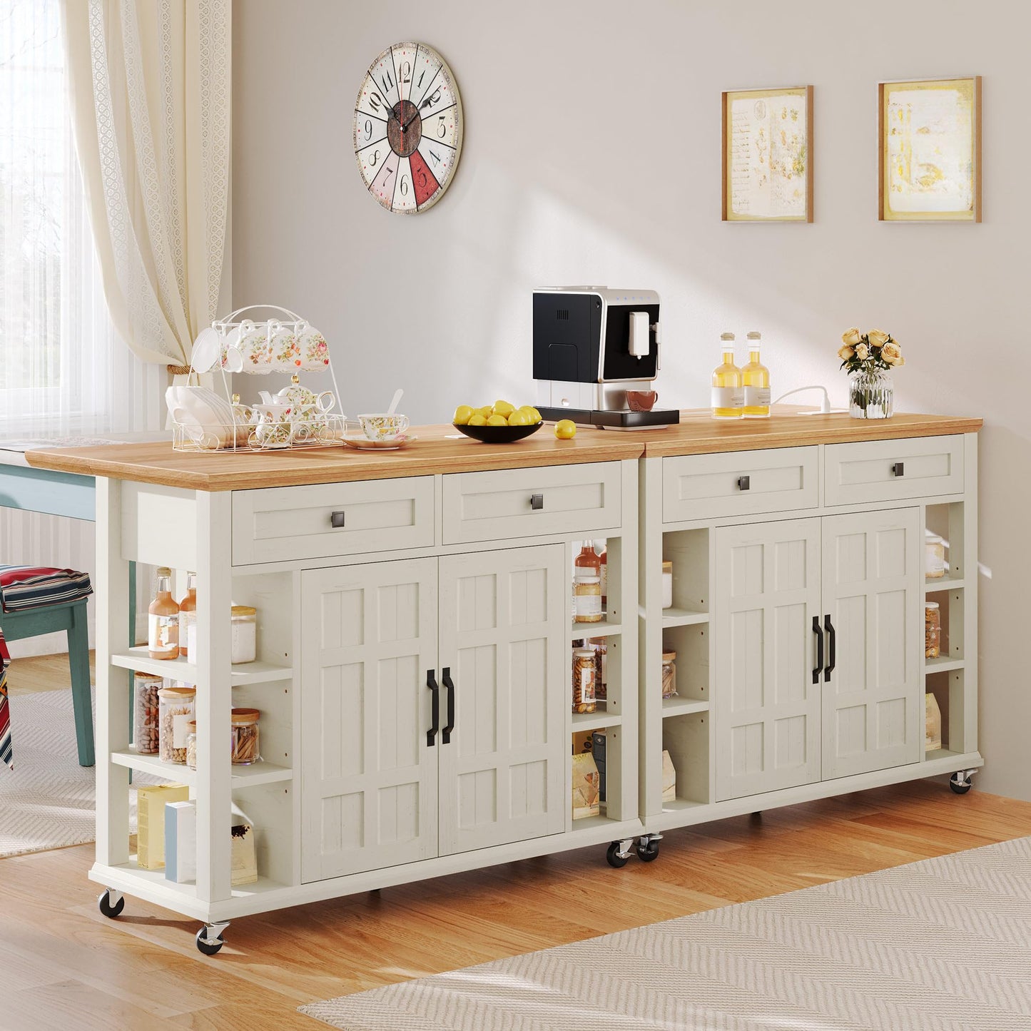 YITAHOME Kitchen Island with Drop Leaf, Mobile Storage Island with Power Outlet, Americana Rolling Kitchen Carts with Storage Shelves and Drawers, Island Table on Wheels for Dining Room, Beige