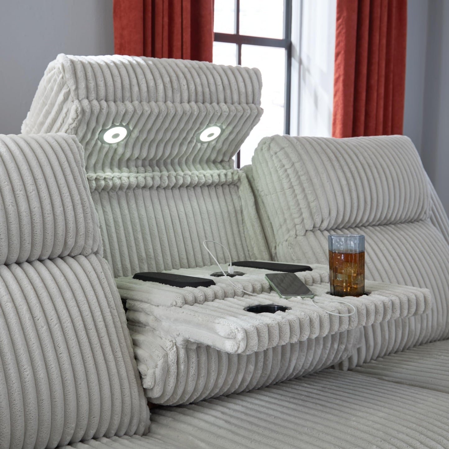 Signature Design by Ashley Broad Cove Modern Power Reclining Sofa with Drop Down Table, Audio Sound System and Adjustable Headrest, White