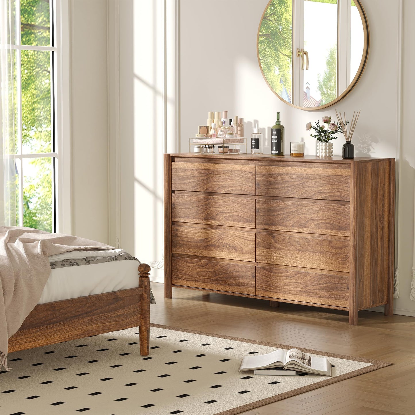CHUWELL Walnut Dresser for Bedroom,55" Wide Mid Century Chest of Drawers with 8 Large Storage Space and 4 Solid Wood Cylindrical Legs,8 Drawer Large Dresser for Bedroom