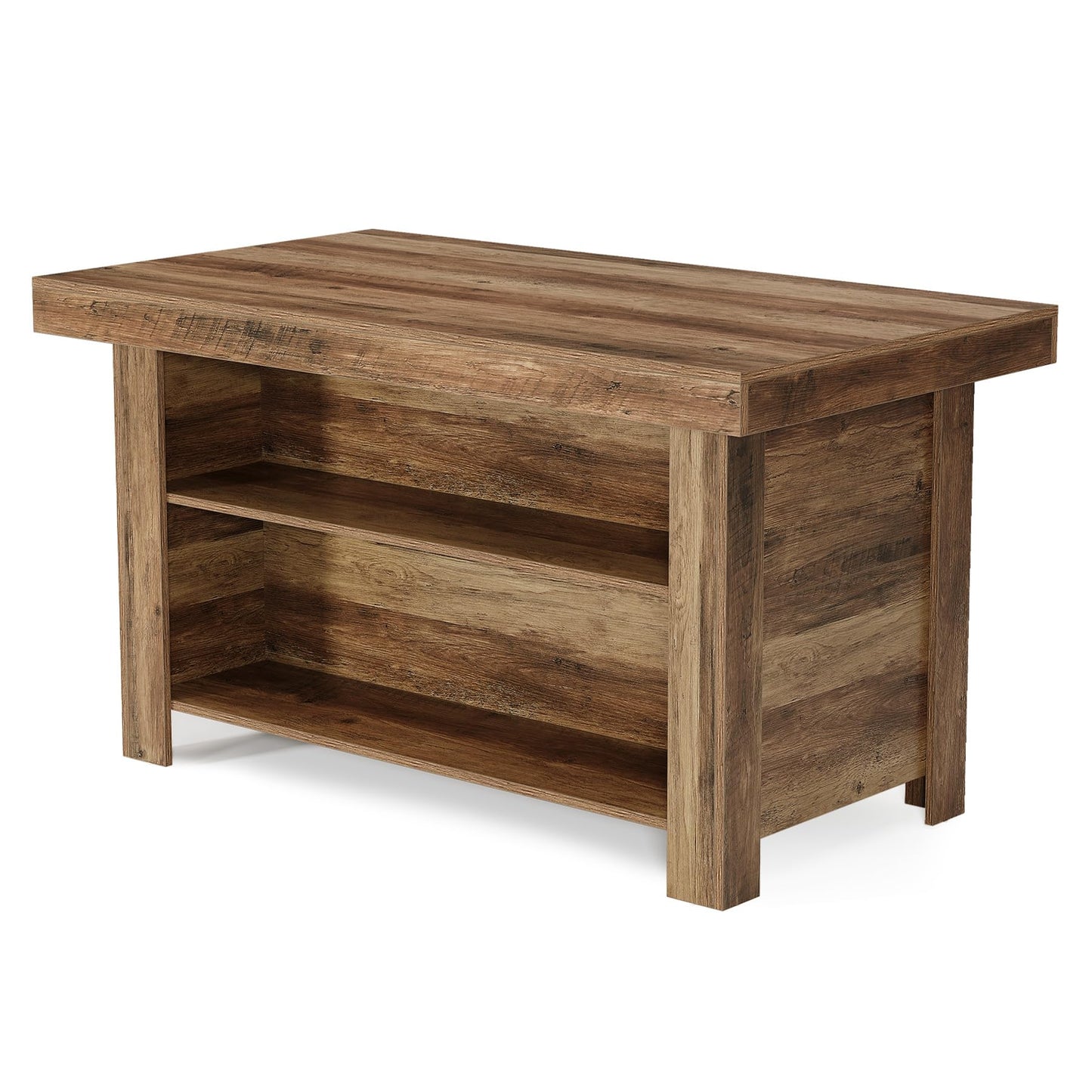 LITTLE TREE 55 Inches Kitchen Island with Storage, 3-Tier Farmhouse Wooden Stationary Island Table with Large Worktop & Leg Room, Modern Coffee Bar Table with Storage Shelf for Kitchen, Rustic Brown
