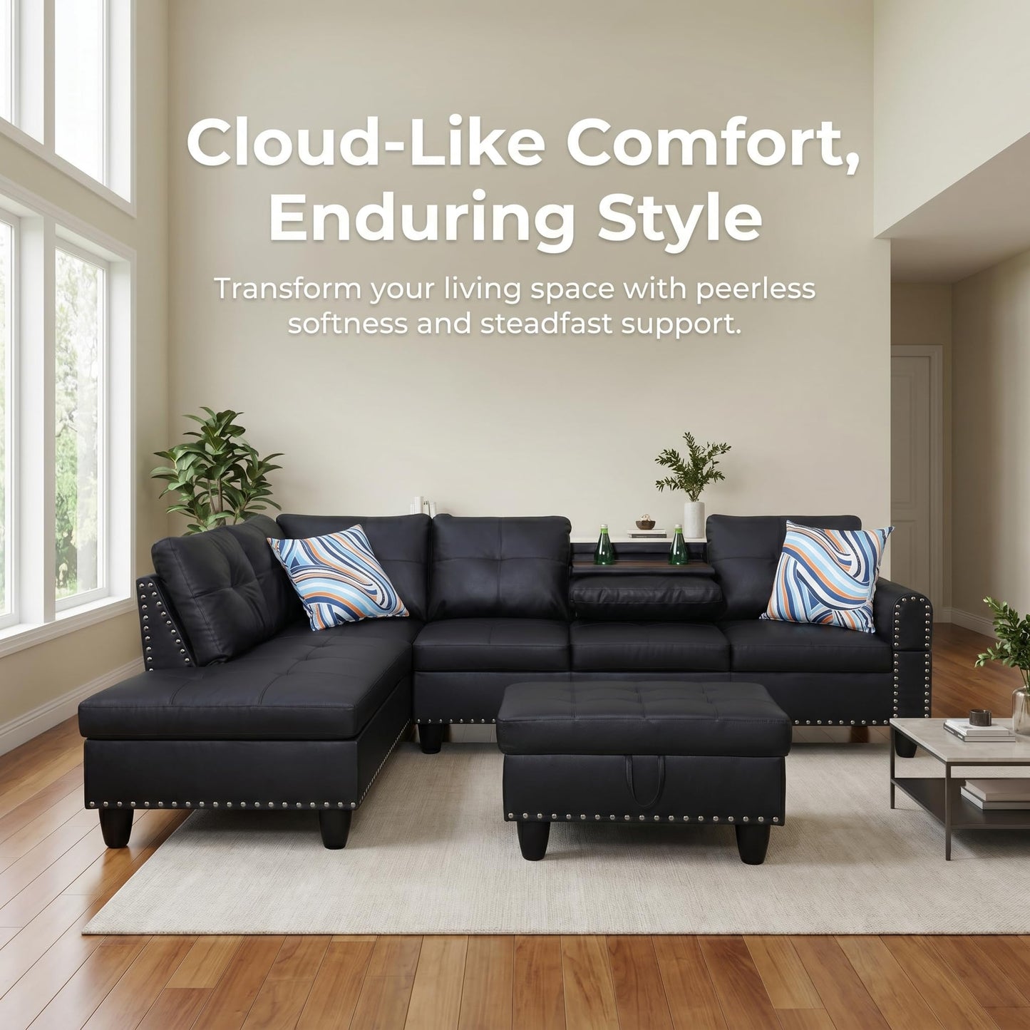 Trygoal 97.5" Leather L Shaped Couch with Left Chaise & Cup Holder, Sectional Sofas Modular Furniture Set with Storage Ottoman, Convertible Couches for Living Room, Small Space & Office (Black)