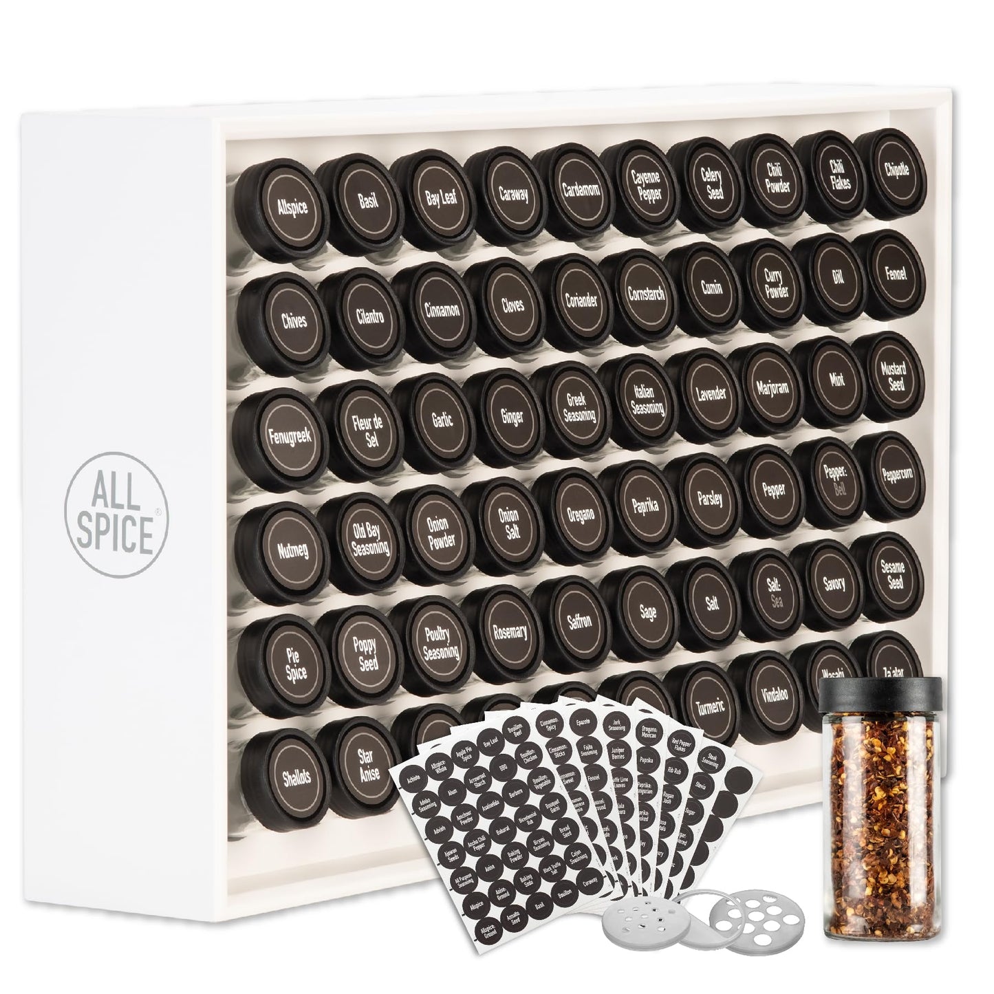 AllSpice Spice Rack Organizer, Wood, 525 Unique Labels, Countertop or Wall Mount, Includes 60 4oz Jars- Matte White