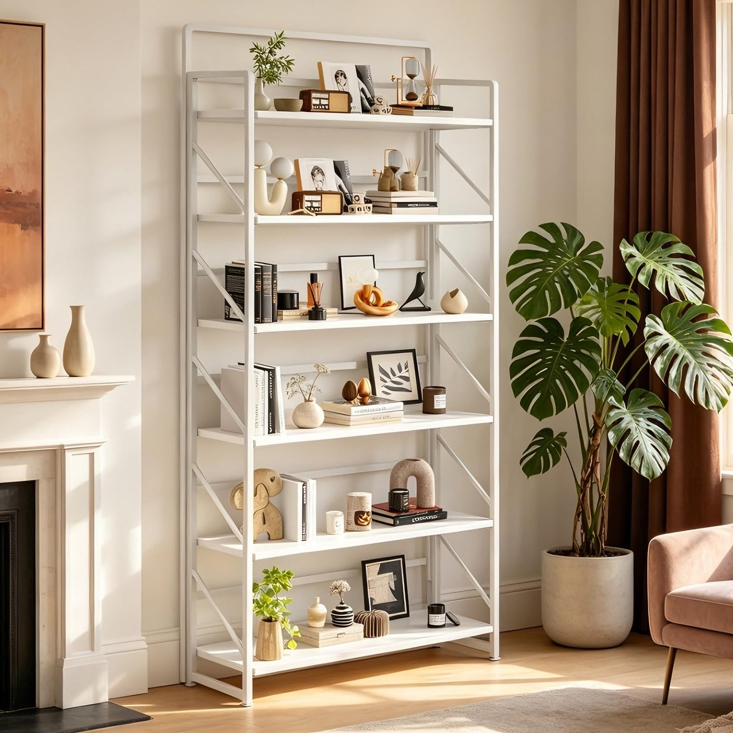 JSB 6 Tier No Assembly Folding Bookshelf, 30.3" Wide Foldable Storage Bookcase for Home Office, Space-Saving Storage Shelf for Living Room (All White)