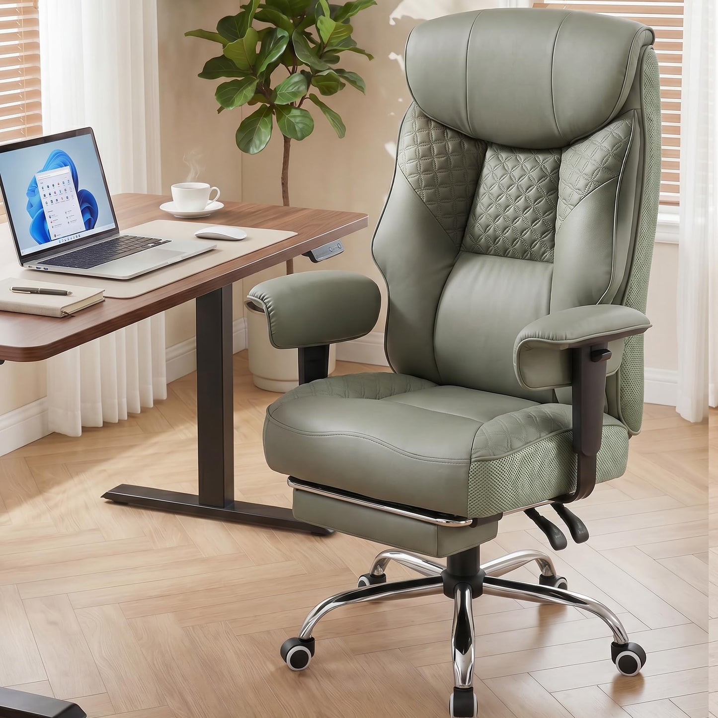 GTPLAYER Big and Tall Office Chair, High Back Computer Gaming Chair with Ergonomic Lumbar Support &Pocket Spring Cushion for Lower Back Pain Relief, Leather Executive Chair with Foot Rest, Green