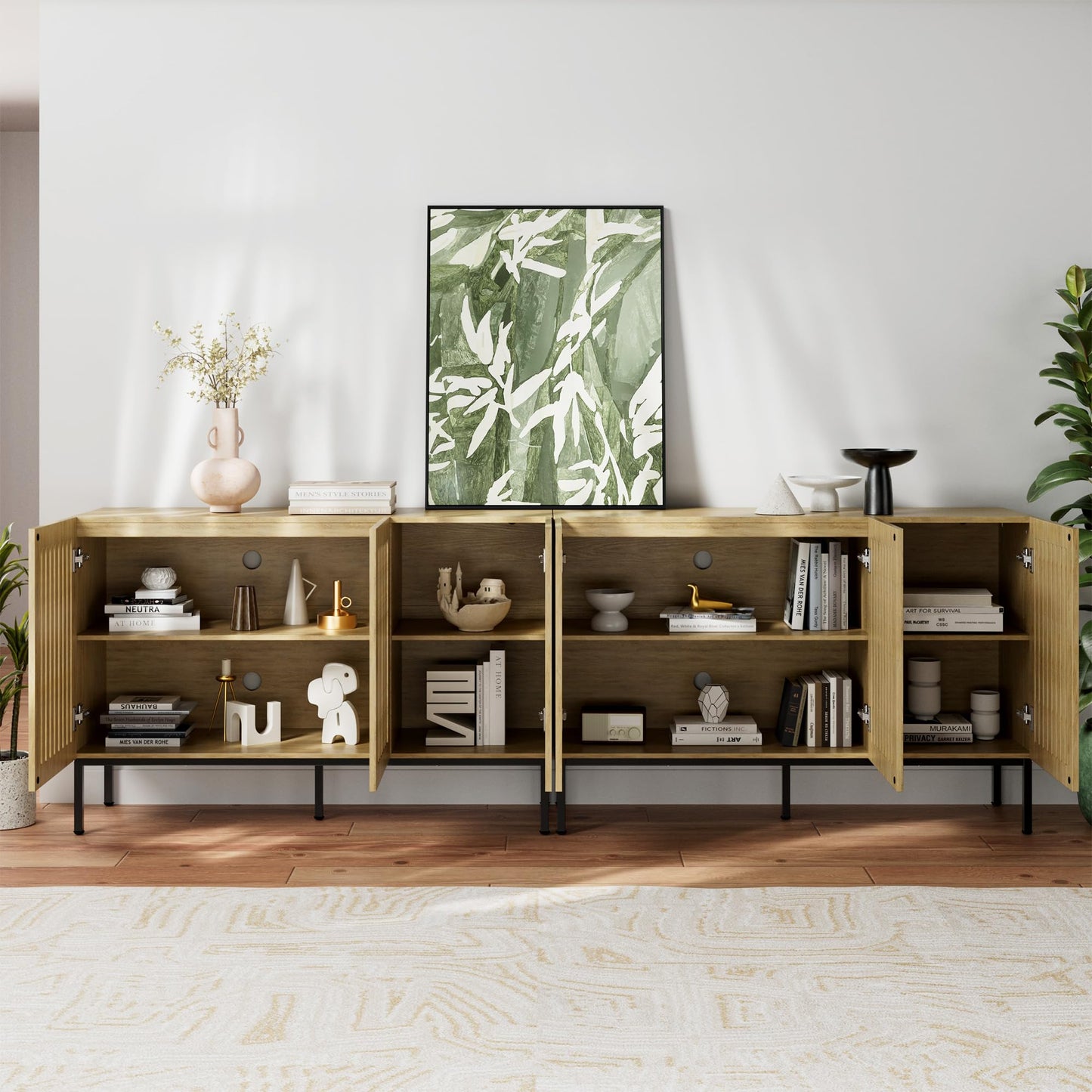 BVIUNTWO Buffet Cabinet with Storage,Set of 2 Farmhouse Console Table with Metal Base and Adjustable Shelves,Sideboard Coffee Bar Cabinet with 6 Doors for Kitchen,Dining Room,Living Room,Oak
