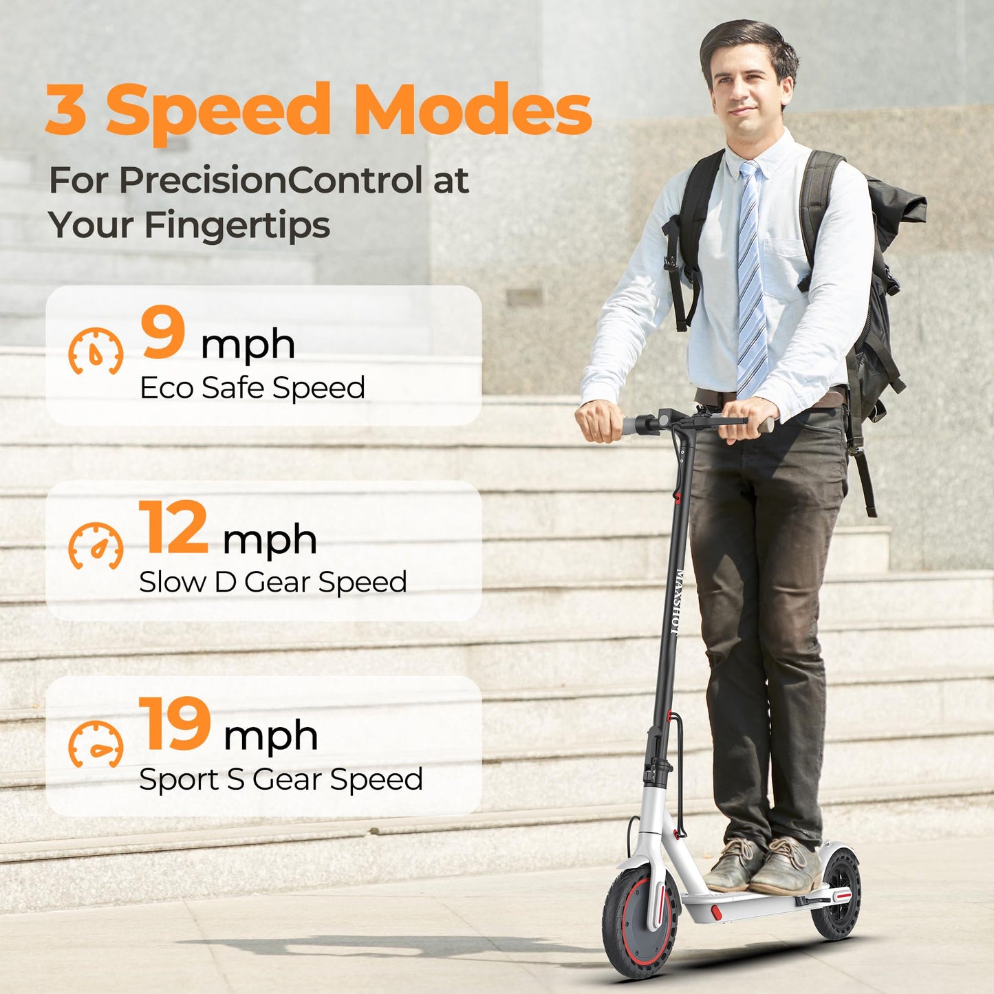 MAXSHOT Electric Scooter for Adults, 8.5" Solid Tires, 350W Motor, 19 MPH, 21 Miles Range, White Folding E-Scooter with App & Dual Brakes