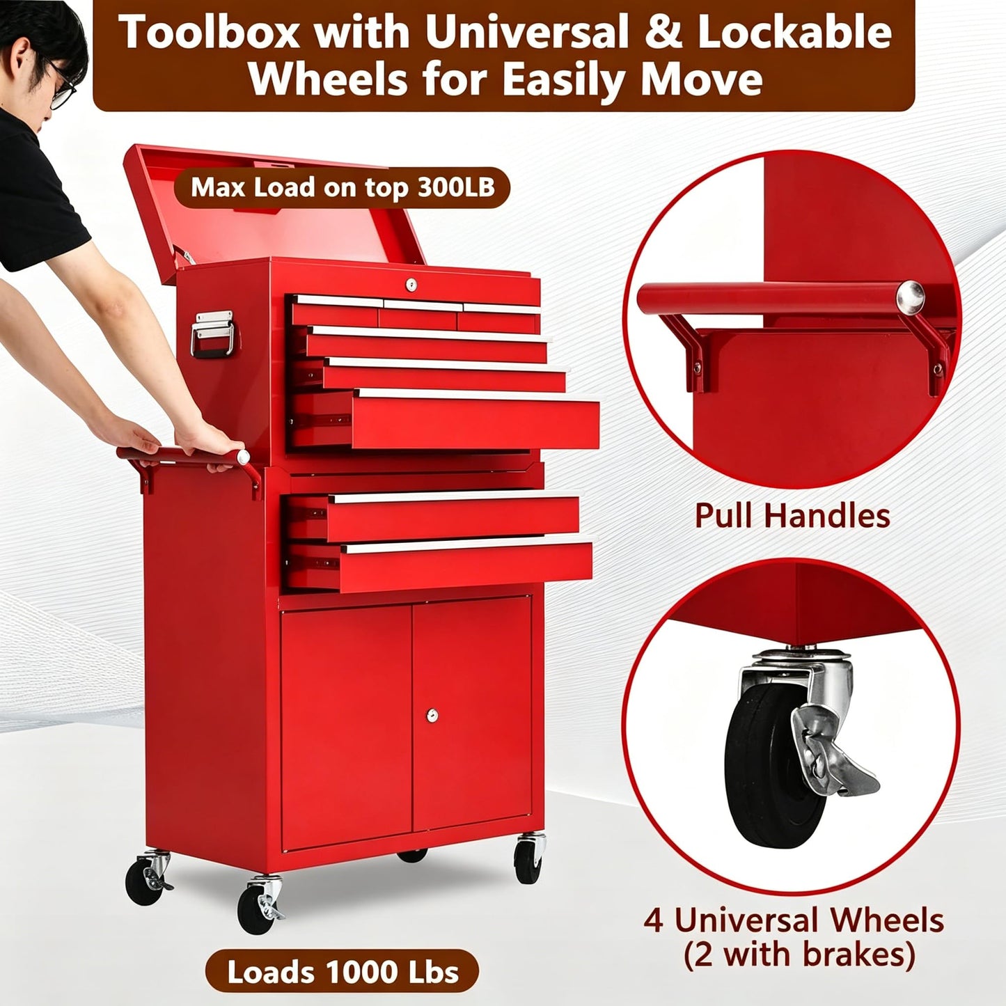 Garvee 8-Drawer Rolling Tool Chest, 2-in-1 High Capacity Tool Storage with Detachable Top Cabinet, Locking System, Wheels and Liners for Garage, Workshop, Red