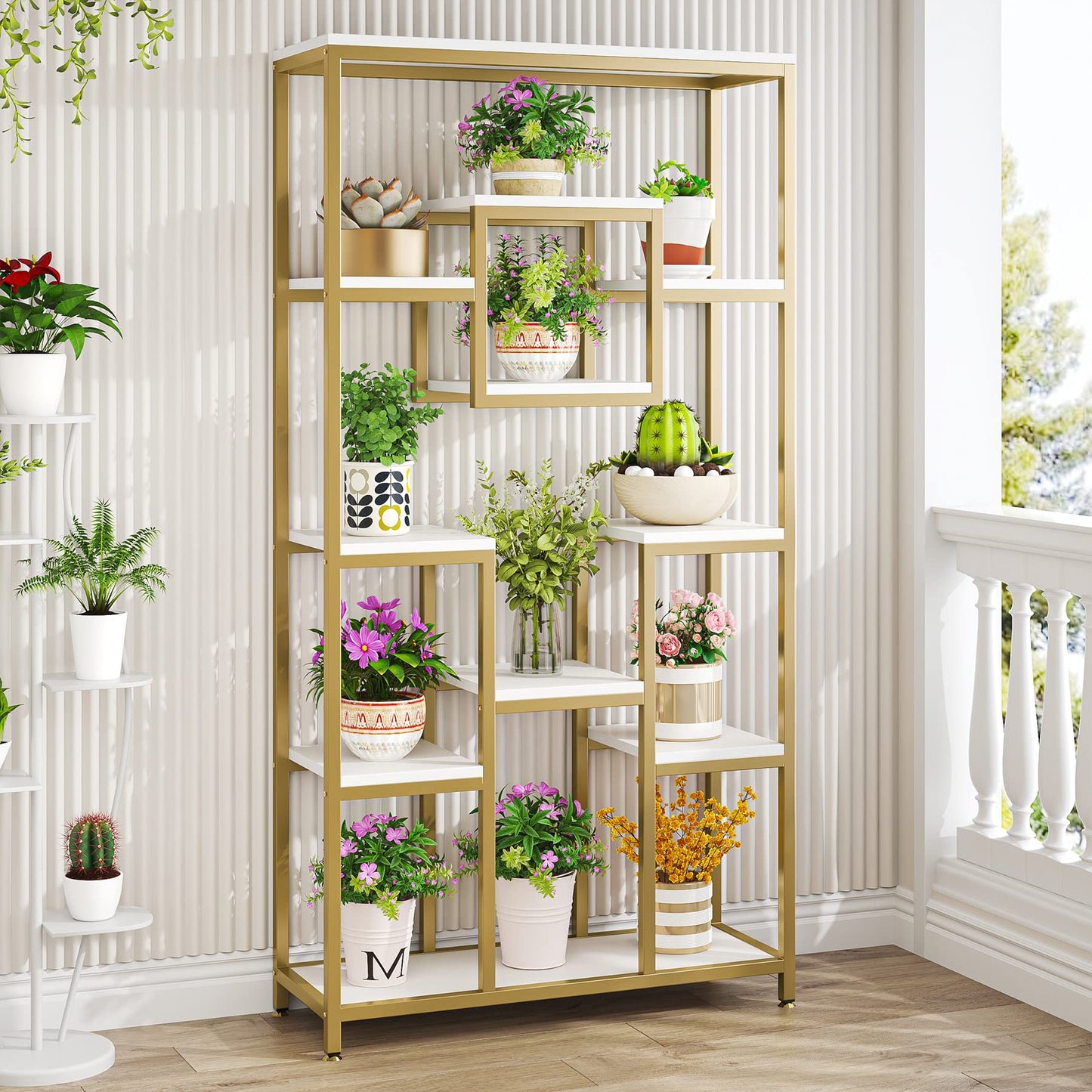 LITTLE TREE 71" Tall Bookshelf, Large Open Display Shelf, Geometric Cubed Bookcase, Modern Book Shelf with Storage Shelves for Office, Living Room, Bedroom, Gold & White