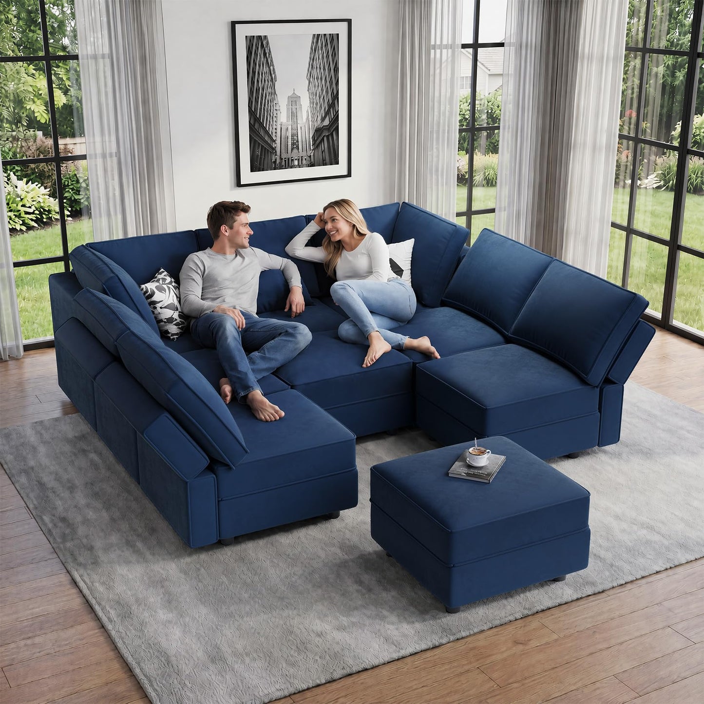 Vesgantti Modular Sofa Bed with Storage, 92" Sleeper Sofas with 9 Seats Storage Chaises Removable Cover, Luxury Large Velvet Sectional Couch Set for Living Room, Apartment, Home Theater, Blue