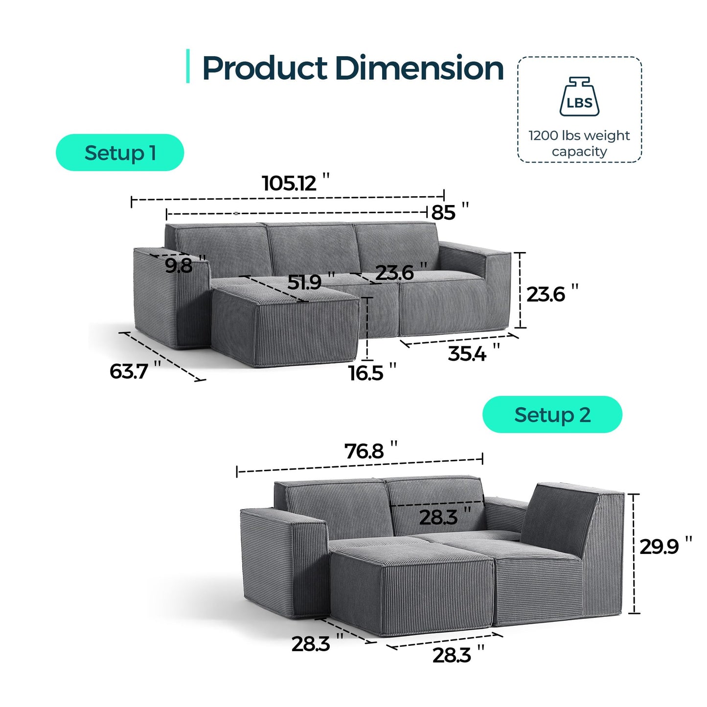 LINSY HOME Modular Sectional Sofa, 105" Boneless Couch L Shaped 3-Seat Sofa with Movable Ottoman, Corduroy Sectional Cloud Couches for Living Room, No Assembly Required, Grey