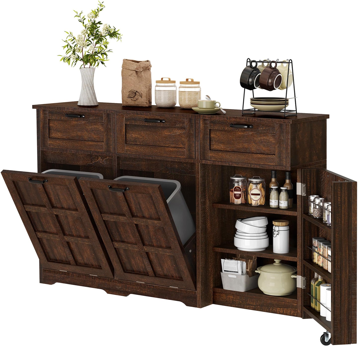 DWVO 58.3" Rustic Kitchen Island Storage Cabinet, Tilt Out Trash Can Cabinet, Farmhouse Kitchen Island with 3 Drawers, 2 Tilt-Out Doors for 10 Gallon Bins, Adjustable Shelf
