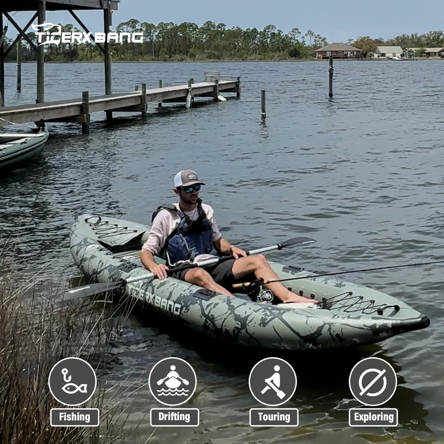 TIGERXBANG Inflatable Kayak with Detachable Seat,12.6'x40''x10.6''SUP-Kayak Set (Hand Pump/Aluminium Paddle/Backpack/and Multi-Functional Base),Adult/Youth Kayak Boat for Fishing ,Touring