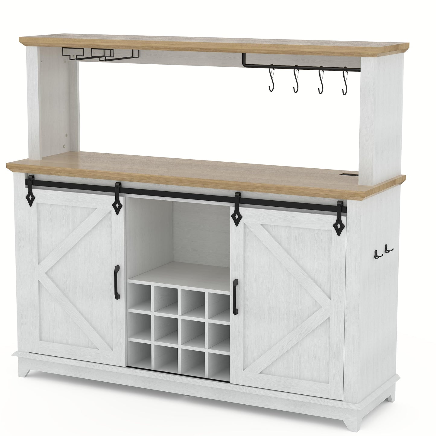 Farmhouse Coffee Bar Cabinet with Power Outlet & LED Lights,55" Sliding Barn Door Buffet with Removable Wine Rack & 2-Tier Drawers, Multi-Functional Storage Cabinet for Kitchen, Dining or Living Room
