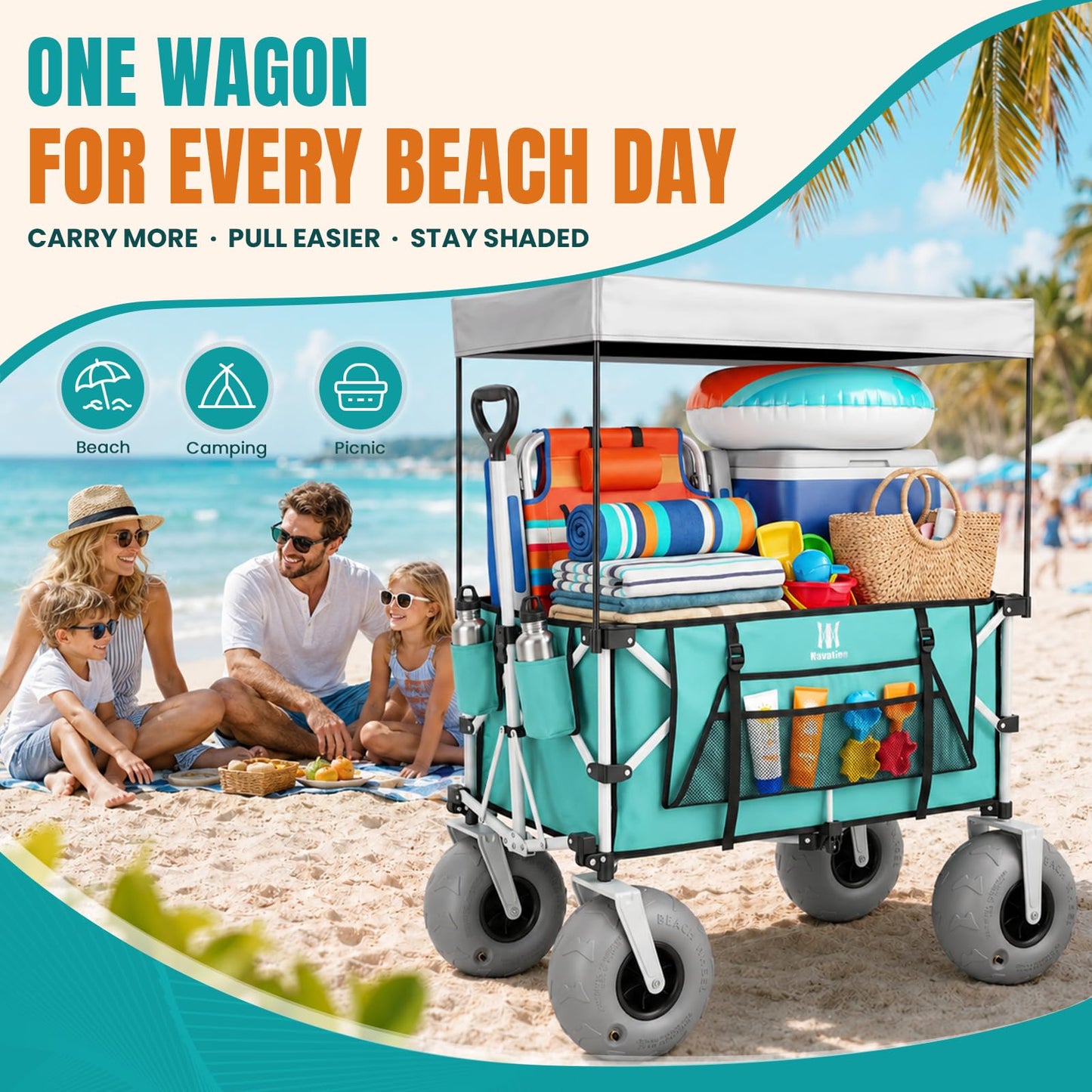 Navatiee Beach Wagon with Big Balloon Wheels for Sand, 200L Extra Large Beach Cart with Canopy, 440Lbs Heavy Duty Folding Wagon Collapsible with 9" Tires & Side Pocket for Beach, Outdoor, Light Blue