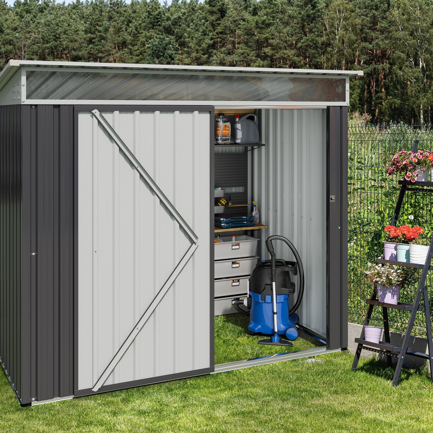 JY QAQA 6x4 FT Metal Outdoor Garden Storage Shed,Waterproof Metal Garden Sheds with Window and Lockable Double Door,Weather Resistant Steel Tool Storage House Shed for,Garden,Patio,Lawn, Dark Grey