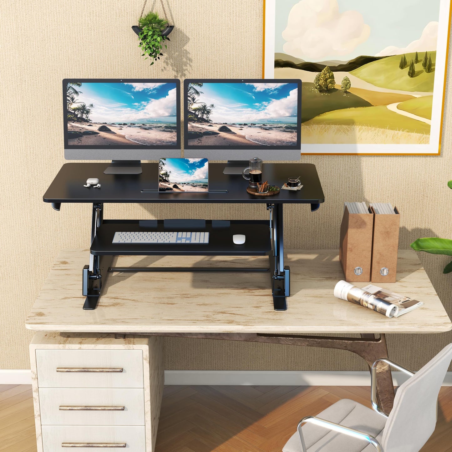 Lubvlook 42 inch Stand Up Desk Converter, Height Adjustable Sit Stand Desk Riser, Black, 42PB