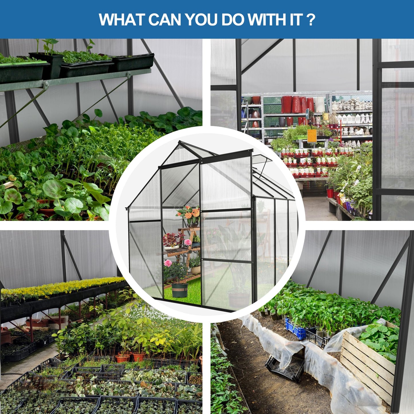 KEIKI 6x8 FT Polycarbonate Greenhouse with Aluminum Frame,Raised Base and Roof Vent,Walk-in Greenhouses for Patio Garden