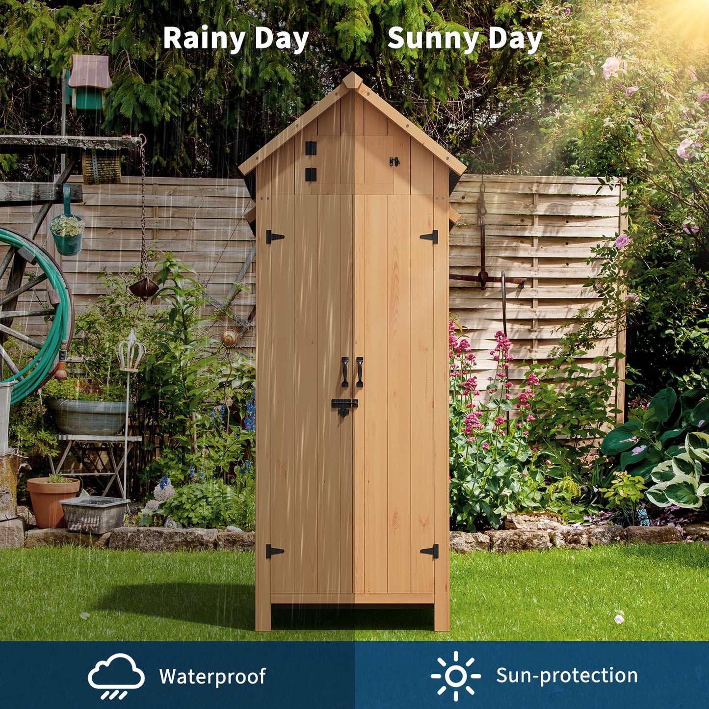 70" Tall Outdoor Storage Shed Cabinet - Vertical Garden Tools Organizer with Waterproof Roof, Lockable Doors & Shelves, Wooden Patio Storage for Yard, Deck, Lawn Equipment