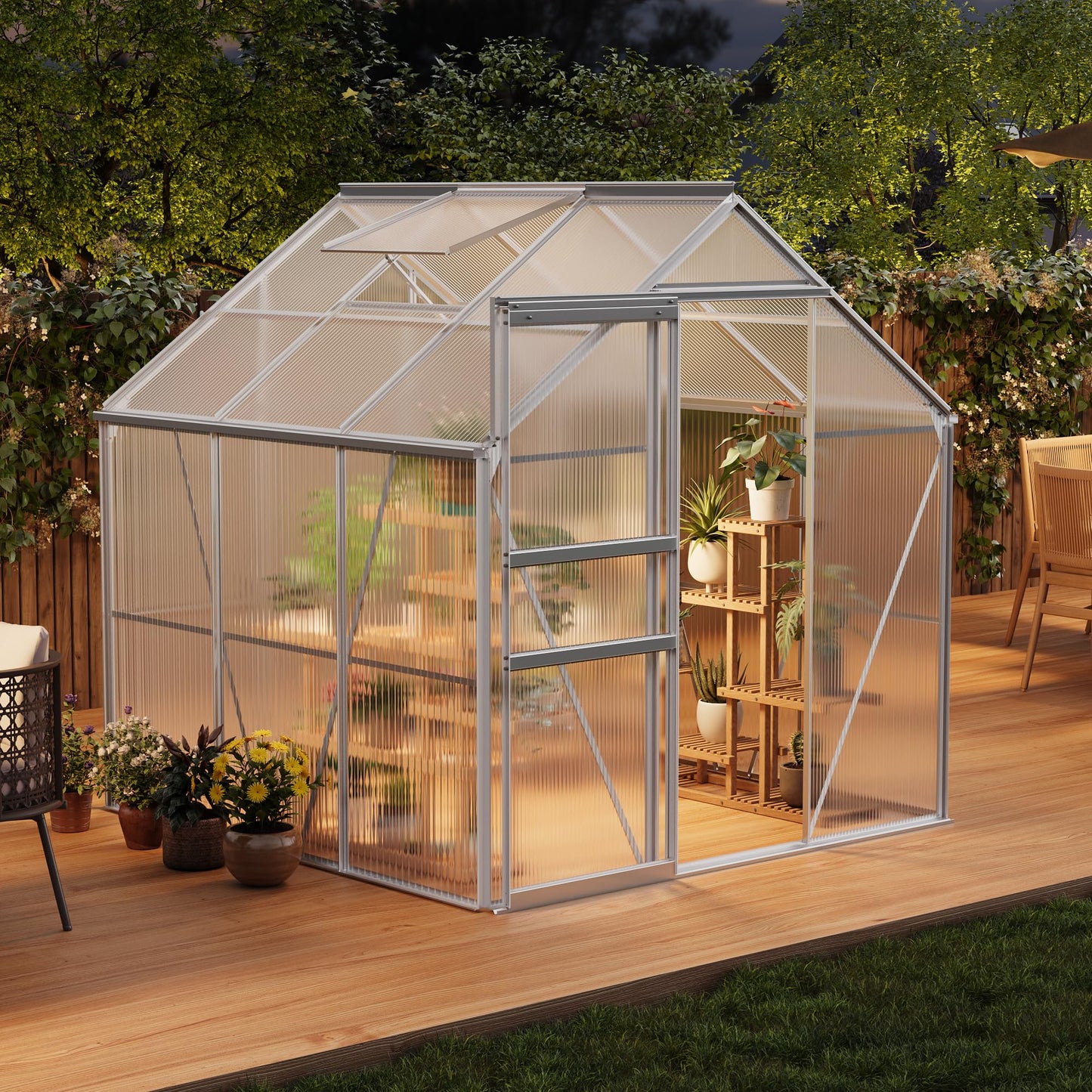 CABIHOME 6 x 6 FT Greenhouses for Outside, Polycarbonate Greenhouse with Aluminum Frame, Sliding Door, Adjustable Roof Vent, Backyard Green Houses, Patio Garden, Black (Silver, 6x6 FT)