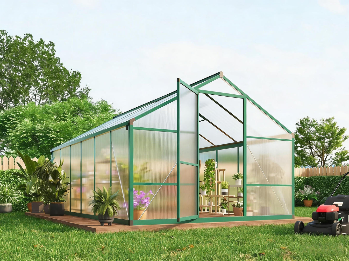8X12 FT Greenhouse, Greenhouses for Outside, Aluminum Frame Polycarbonate Panels with Sliding Lockable Door and Ajustable Roof Vent, Spacious Walk-in Design for Backyard, Garden, Patio, Green