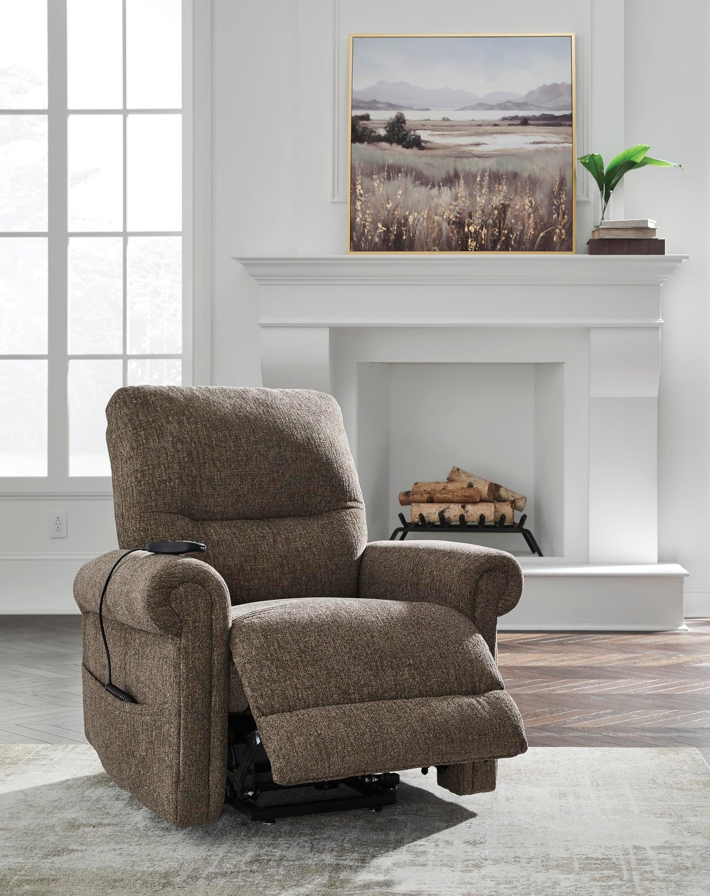 Signature Design by Ashley Aureta Classic Stain Resistant Power Lift Recliner with Side Pocket, Heat and Massage, Dark Brown