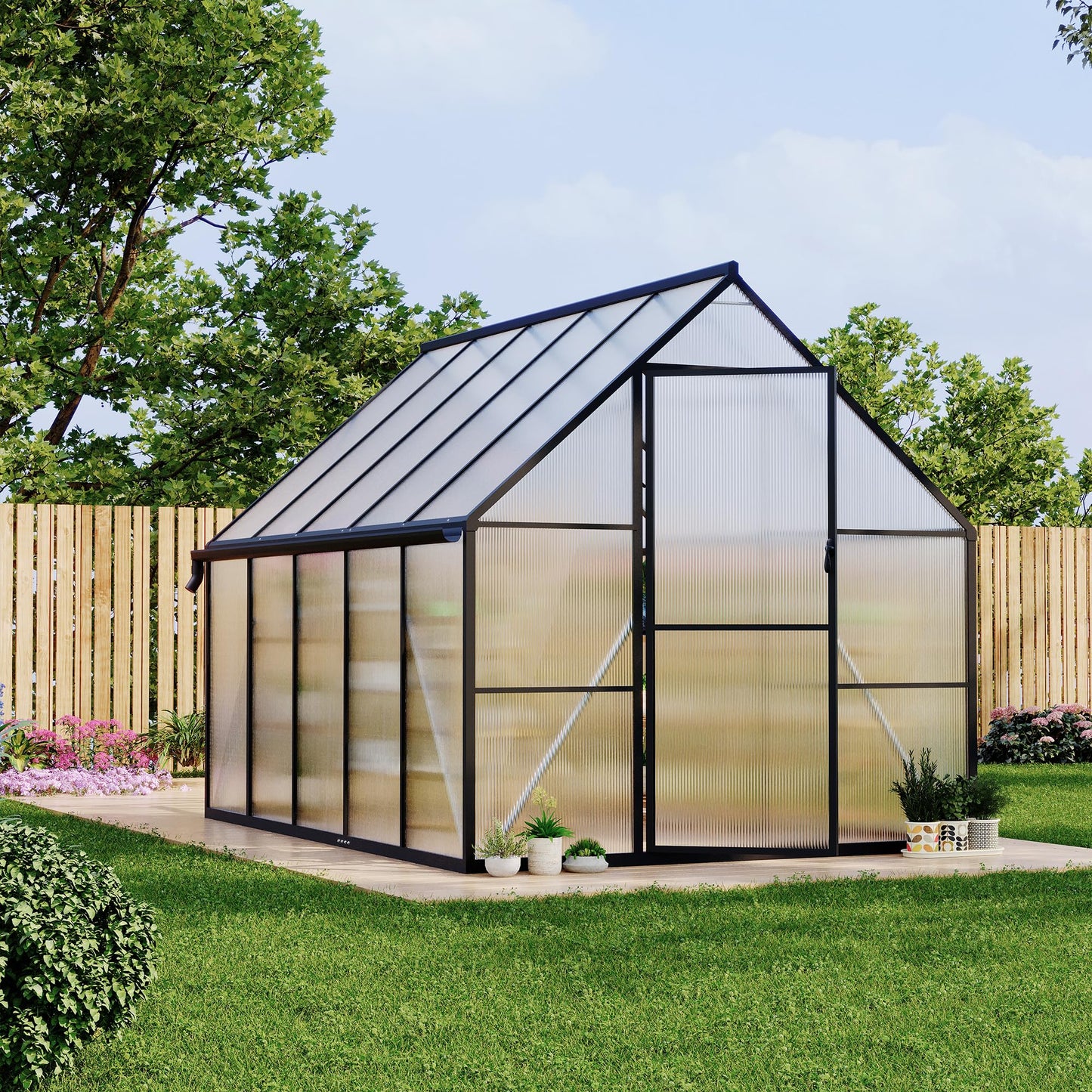 Polycarbonate Greenhouse for Outdoors, Large Walk-InGreenhouse with Quick Setup Structure and Roof Vent, Greenhouse with Ventilation and Rain Gutter