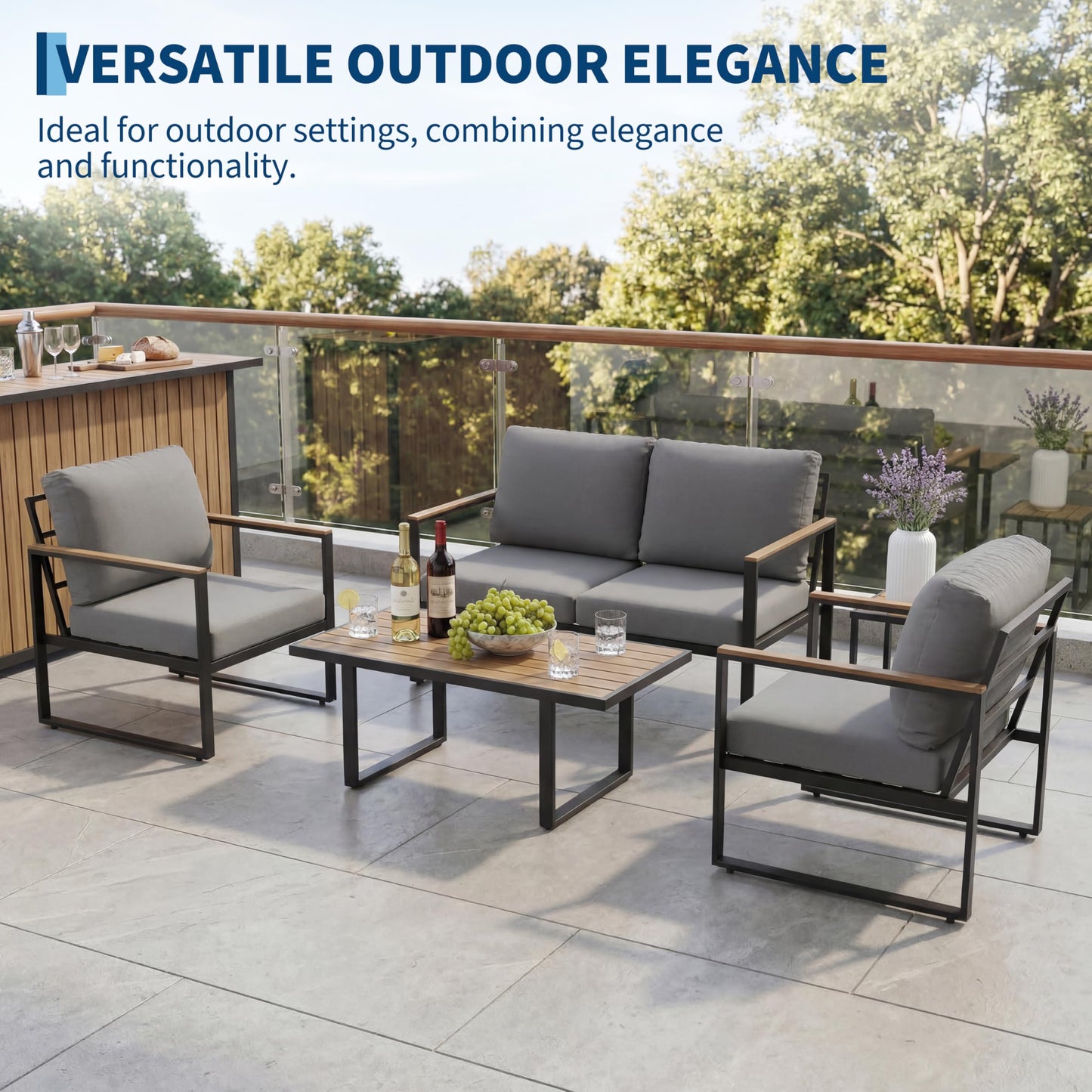 GarveeTech 4-Piece Aluminum Outdoor Sectional Sofa Set with Coffee Table, Patio Furniture Conversation Set for Porch, Poolside & Deck, Washable Thick Cushions (Gray)