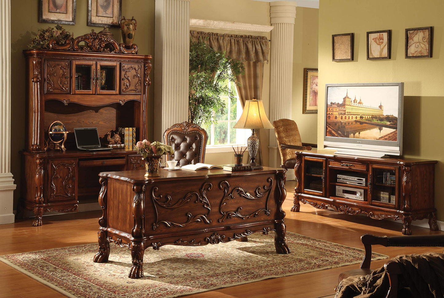 Acme Dresden Faux Leather Office Chair with High Back in Brown and Cherry Oak