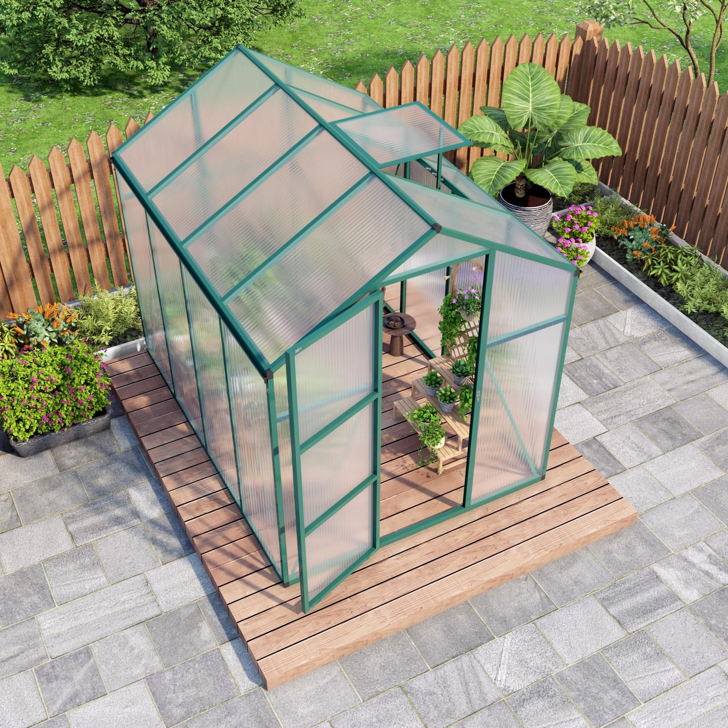 6x10FT Walk-in Polycarbonate Greenhouse Kit, Heavy Duty Aluminum Frame Outdoor Greenhouse with Raised Base, Vent & Drainage System, UV Resistant Plant House for Backyard Garden All Season Use