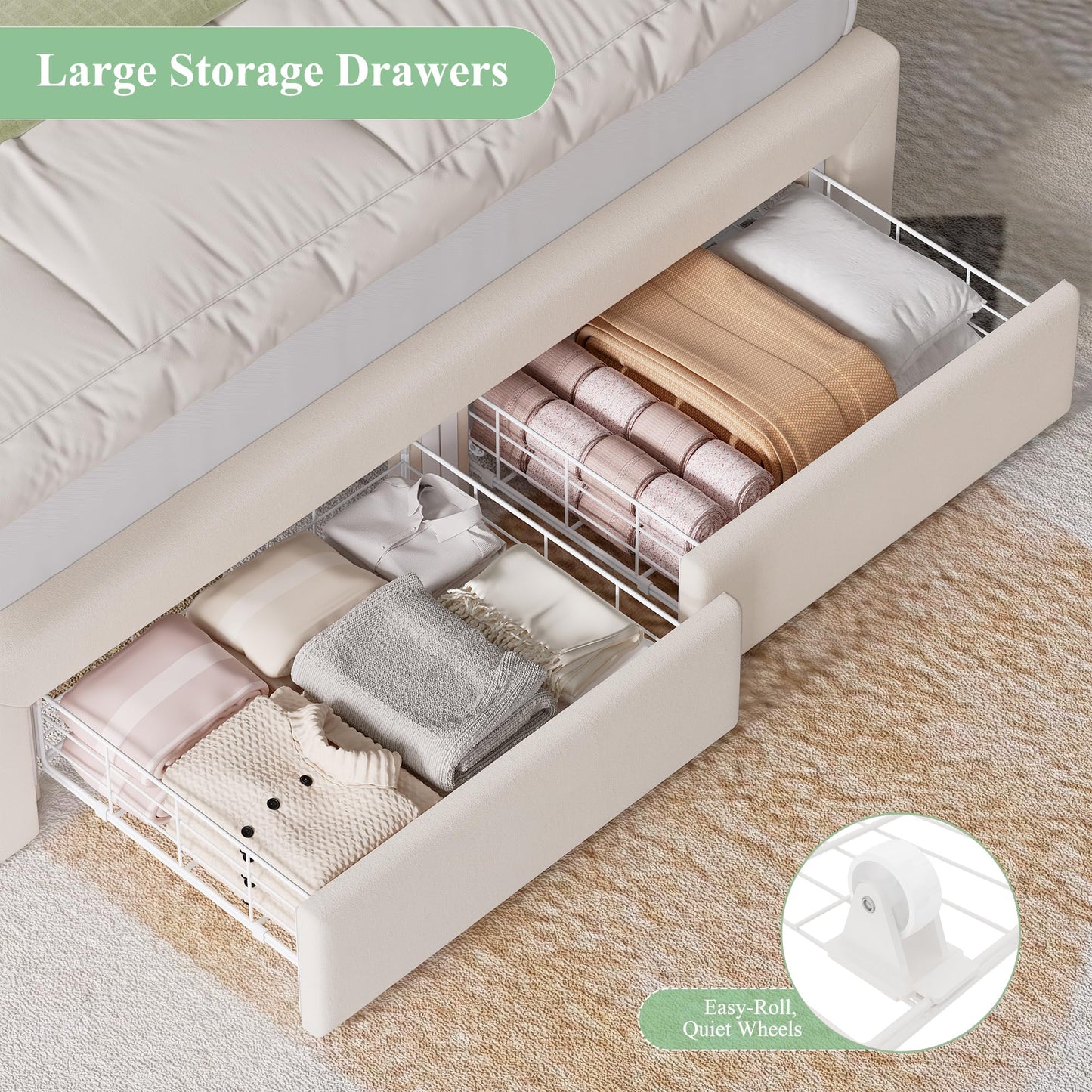 Keyluv Full Size LED Bed Frame with Storage Bookcase Headboard, Charging Station, Velvet Upholstered Platform Bed with 2 Drawers & USB Ports, Sturdy Metal Support, No Box Spring Required, Beige