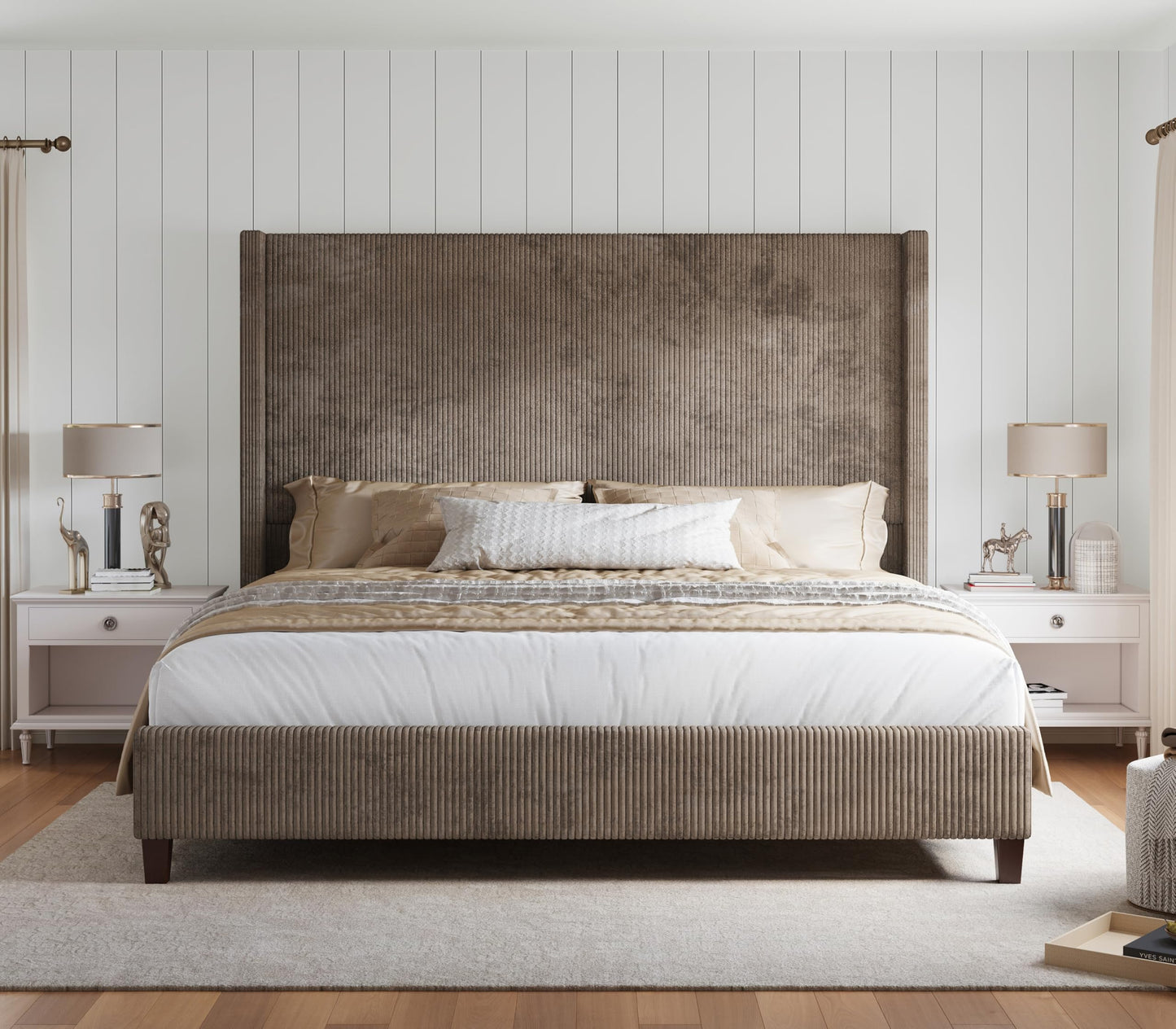 HOWE King Size Bed Frame with 61.4" Extra Tall Headboard, Corduroy Upholstered Bed with Vertical Wingback Headboard, No Box Spring Needed/Noise Free/Solid Wood Slats & Legs/Brown
