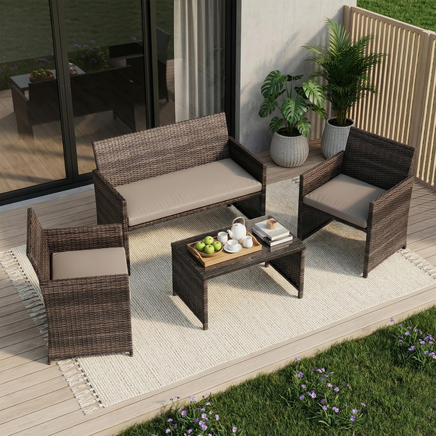 Garvee 4-Piece Patio Furniture Set, PE Rattan Outdoor Conversation Set with Cushions & Tempered Glass Table, All-Weather Wicker Patio Table and Chairs Set for Patio, Porch, Backyard, Brown and Grey