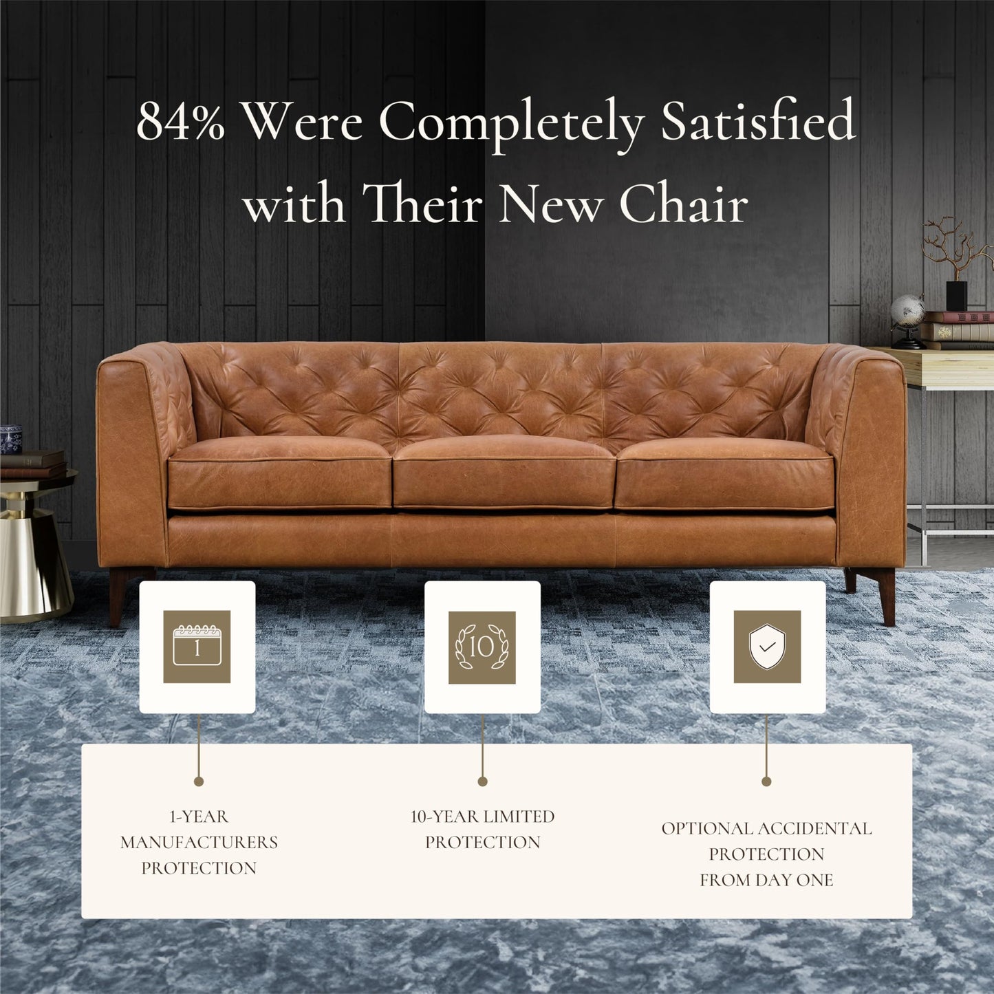 POLY & BARK Essex 89” Full-Grain Italian Leather Sofa – Tufted Back, Feather-Down Comfort, Solid Wood Frame, Cognac Tan