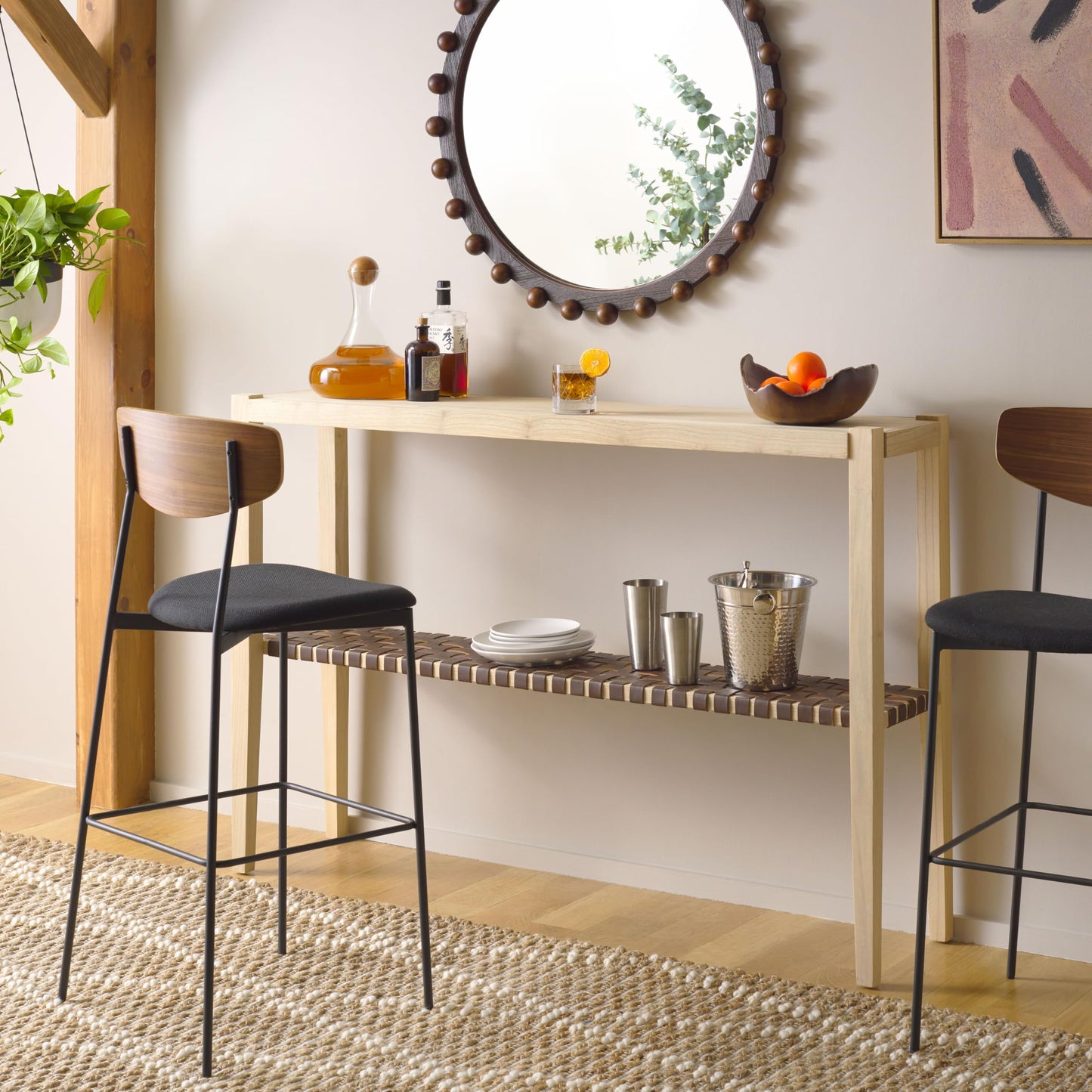 SAFAVIEH Home Collection Sigurd Cognac Leather/Unfinished Natural Solid Wood Bar Height Dining Console Table
