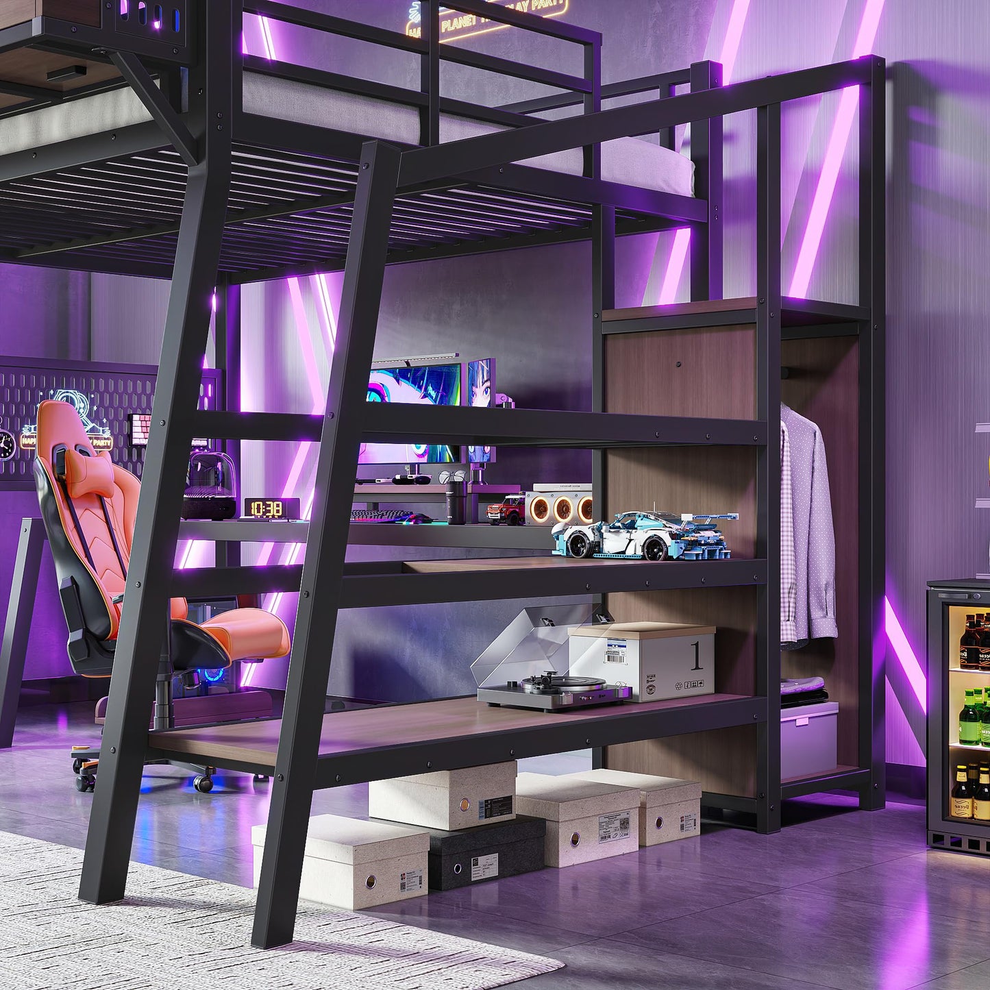 KEIKI Full Loft Bed with Storage Stairs, Metal Shelves Gaming Loft Bed Frame with USB Ports, LED Lights, Pegboard, Built-in Wardrobe, Noise-Reduced Design, Black