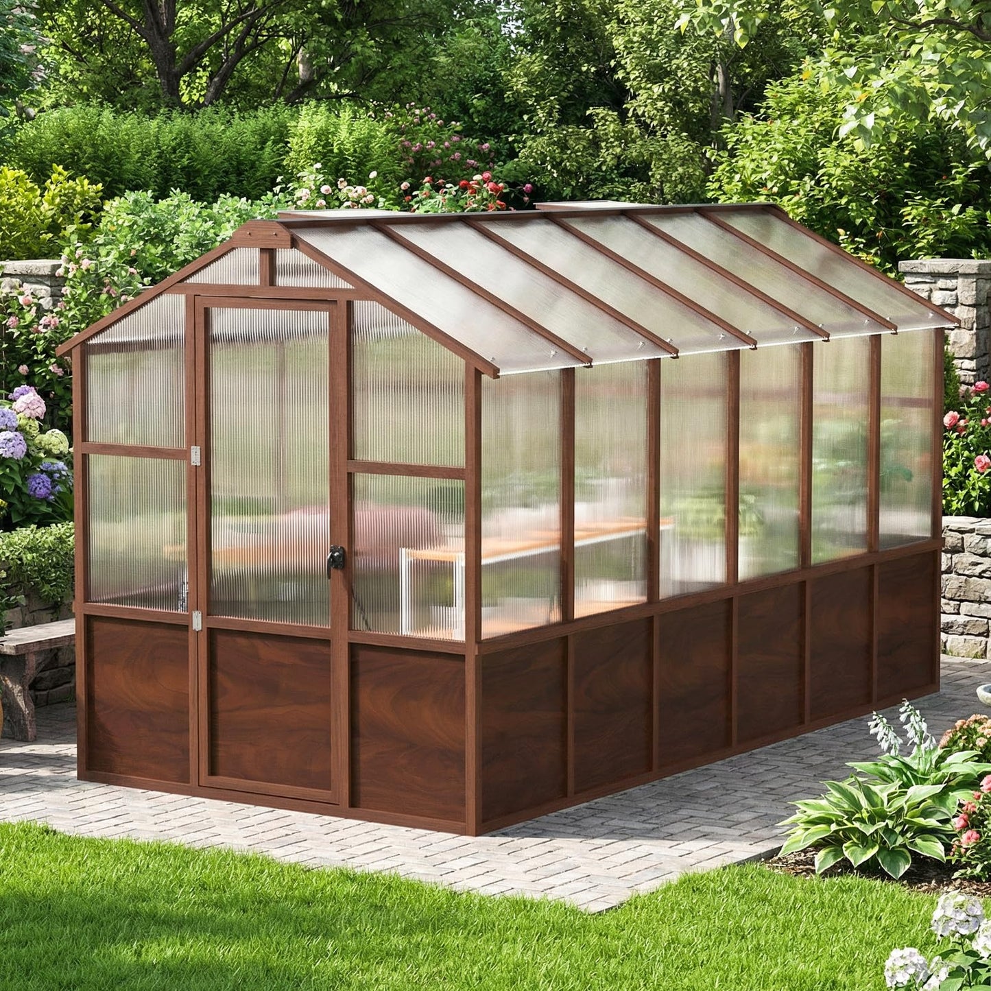 Jocoevol 6x12FT Greenhouse for Outdoors, Wooden Frame Polycarbonate Green House w/ Adjustable Roof Vent and Lockable Door Handle, Walk-in Greenhouses for Outside Garden Backyard
