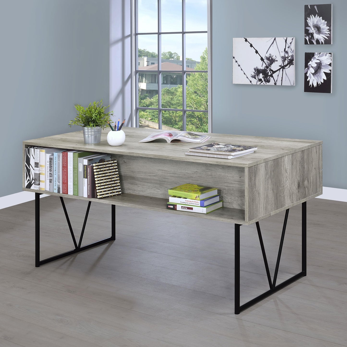 Coaster Home Furnishings Analiese Rustic 63-Inch 4-Drawer Home Office Computer Writing Desk Study Table with Storage Engineered Eco-Friendly Wood Look Laminate Sturdy Steel Grey Driftwood 801999