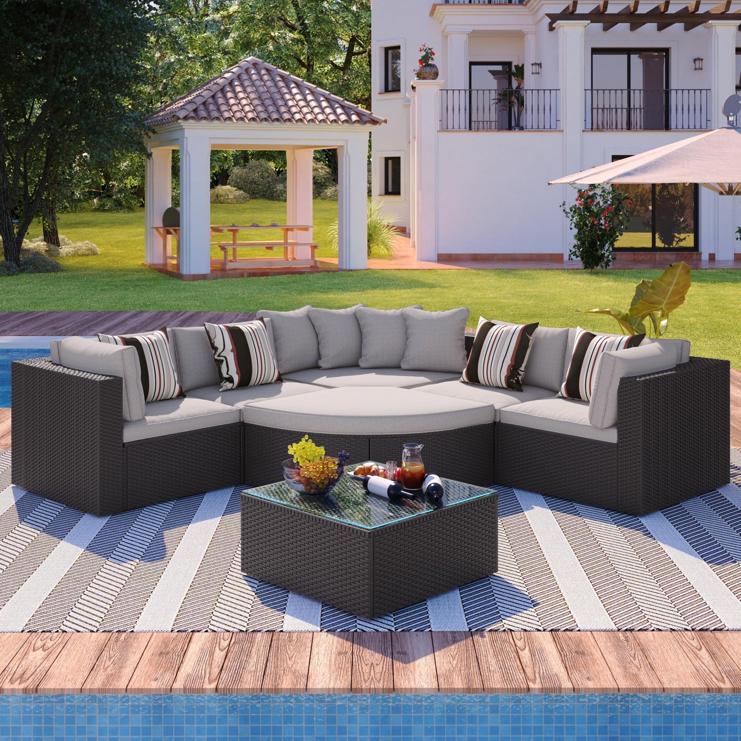 Merax 7 Pieces Outdoor Patio Furniture, 6 Seat Wicker Sectional Lounger Sofa Chair Set with Table, All Weather Rattan Conversation Sleeper Couch Bed Sets for Garden Poolside, Cushions & Pillows, Beige