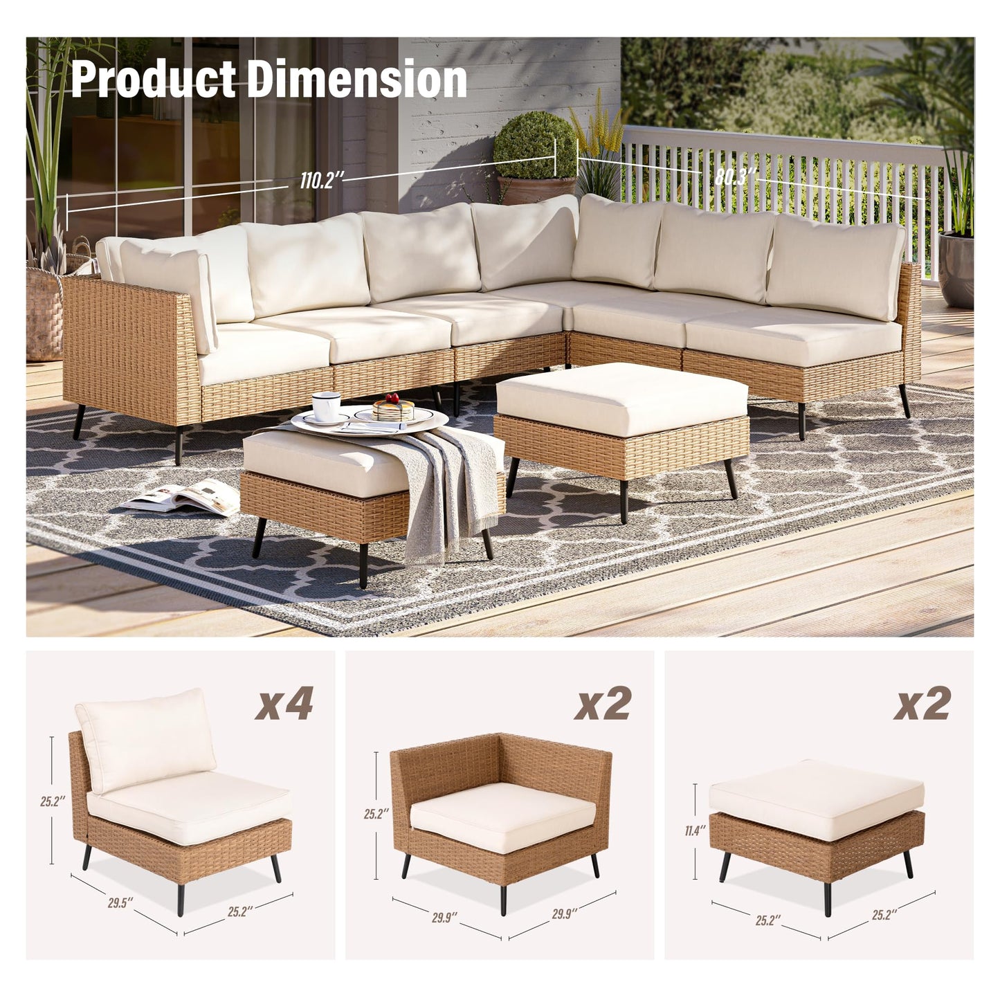 EO Living 8-Piece Patio Furniture Set, Outdoor Sectional Sofa PE Rattan Outdoor Patio Furniture with Thick Cushions, All Weather Patio Conversation Sets for Garden, Poolside, Backyard(Beige)
