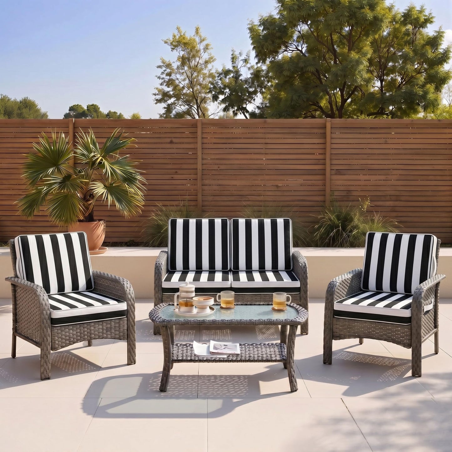 Jesovoso 27x27 in Outdoor Foam Deep Seat Cushion Set of 4, Water-Resistant & Fade-Resistant Outdoor Chair Cushions, Replacement for Patio Furniture Deep Seat Sofa & Couch,Black Striped