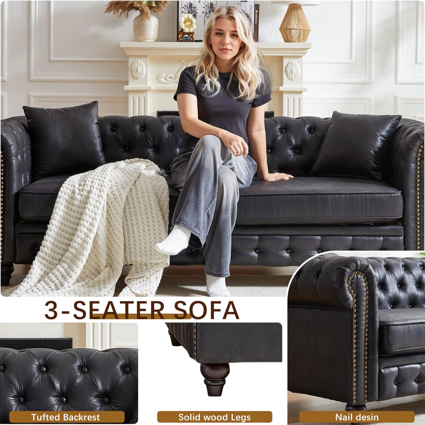 KEIKI Chesterfield Sofa, Retro Style Upholstered 3+3 Seats Tech Fabric Couch with Rolled Arm for Living Room Bedroom Office, Black