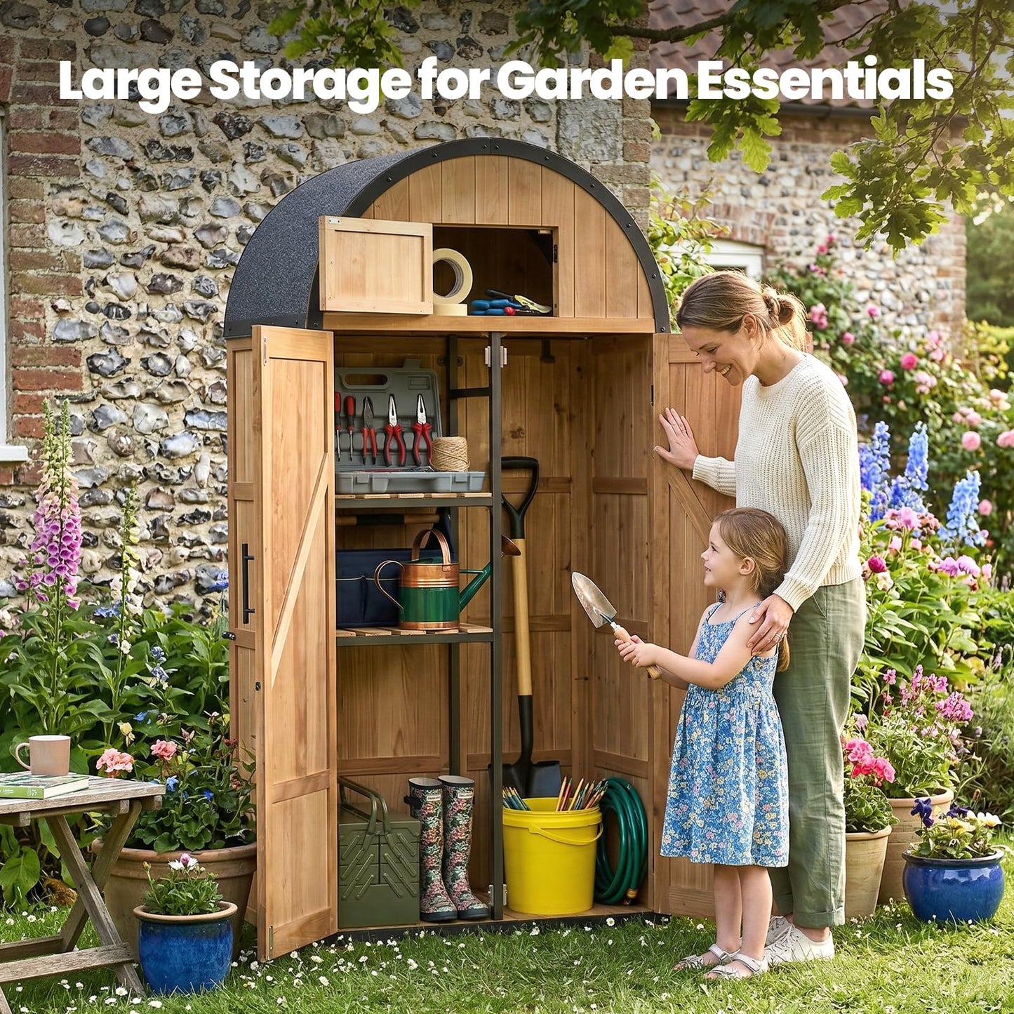 NORTHSKY All-in-One Shed Outdoor Storage, Waterproof Lockable Vertical Garden Shed Tool Cabinet, Solid Wood Storage Shed with Metal Frame & Domed Roof for Patio Backyard Garden Lawn Tool Equipment