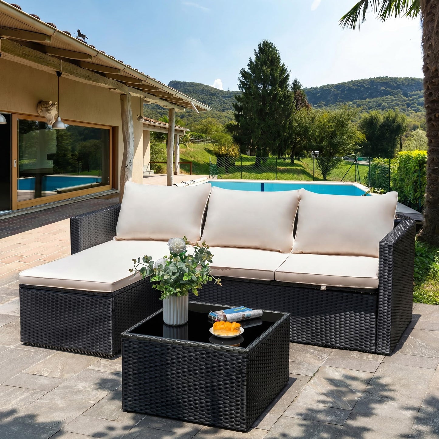 Shintenchi 4 Pieces Patio Furniture Set, 2-in-1 Convertible Sectional Sofa & Chaise Lounge, All-Weather Wicker Rattan Sofa Couch with Cushions & Coffee Table for Yard, Garden, Porch, Poolside (Beige)