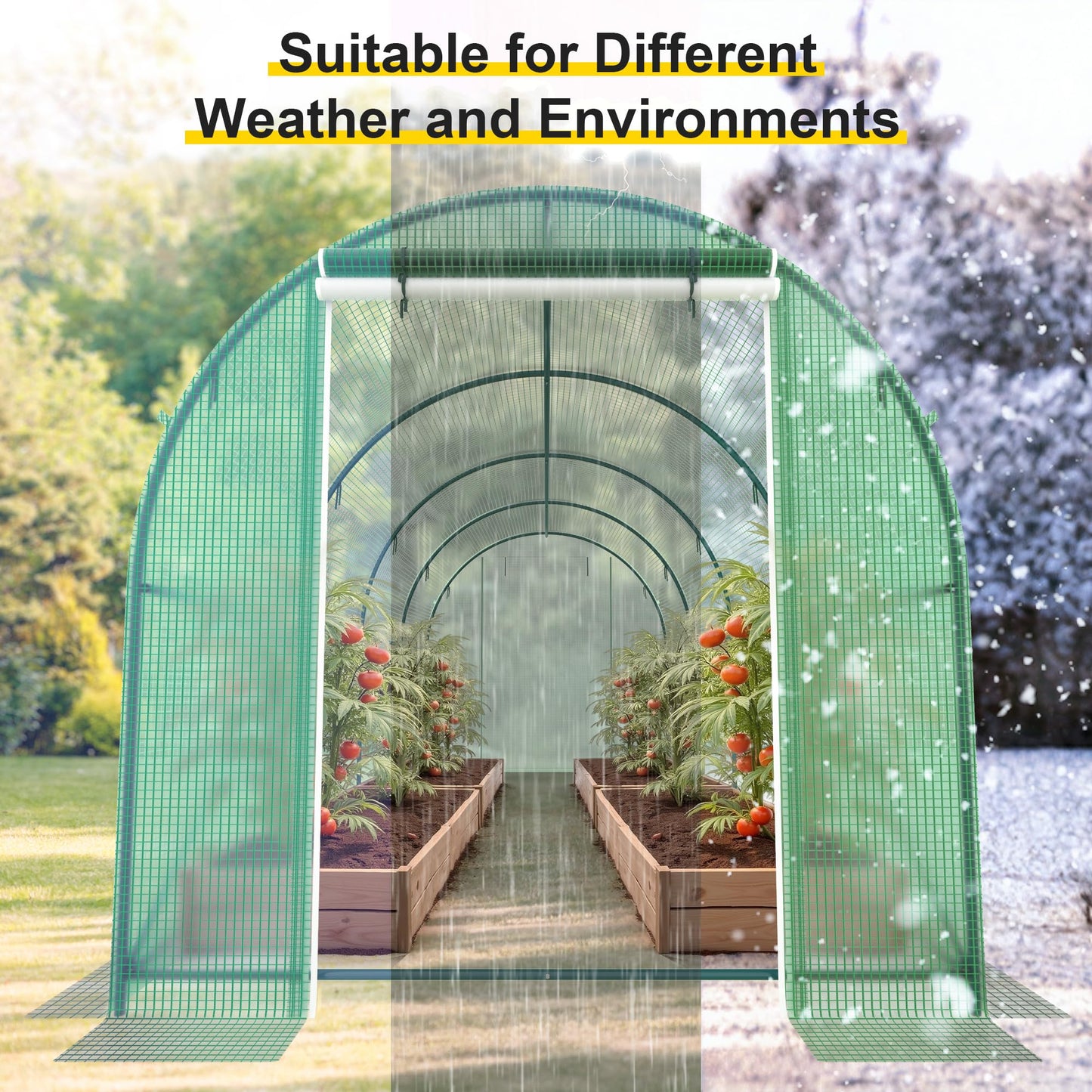 GOJOOASIS Greenhouse with Water System Outdoor Green House for Outside Winter Heavy Duty Large Walk-in Tunnel Portable Greenhouses for Backyard Plants Shed (15'x7'x7' w/ Irrigation System)