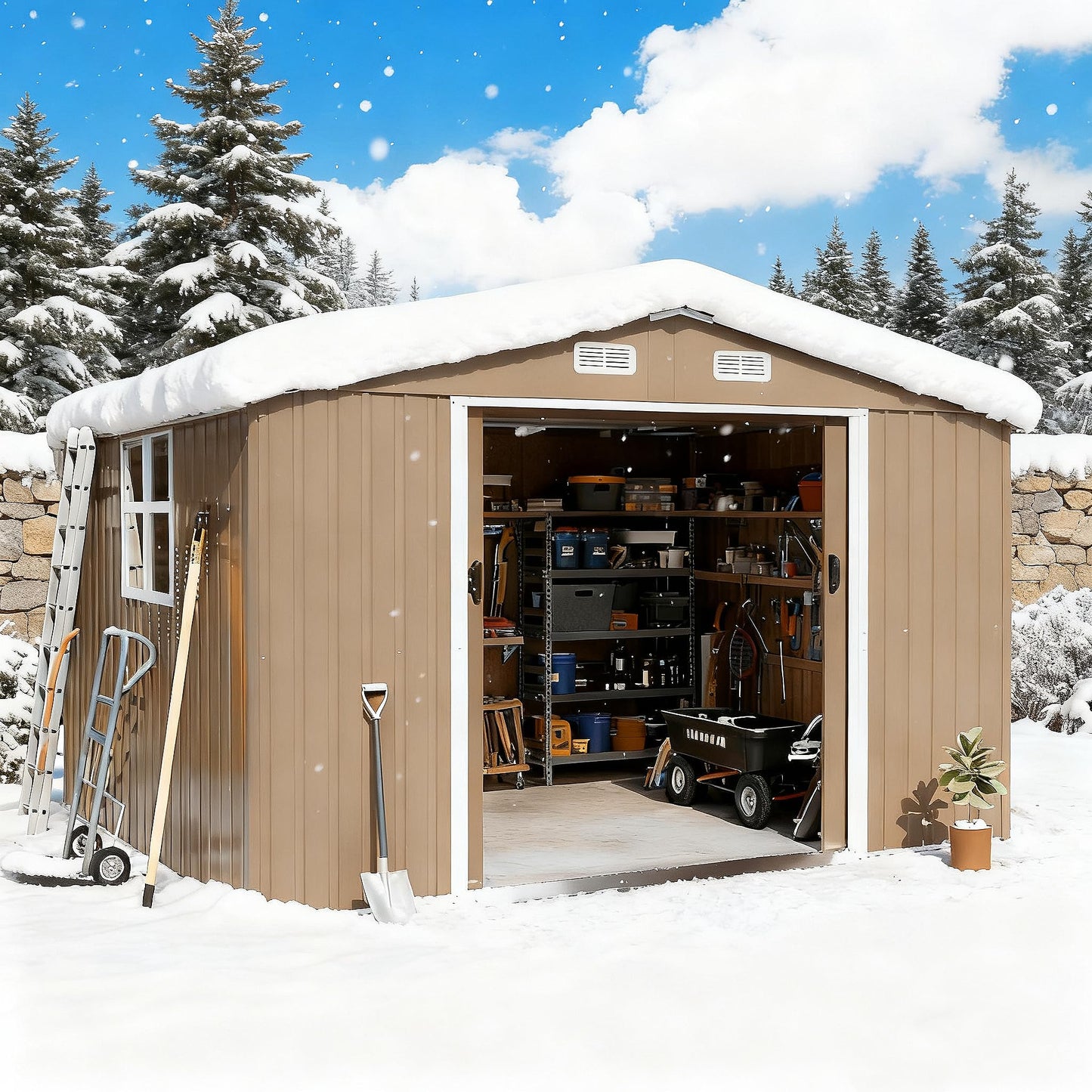 Gotland 10FT x 8FT Sheds & Outdoor Storage, Storage Shed with 1 Large Window Sloped Step, Metal Shed with 2 Lockable Slide Doors Air Vents, Outdoor Shed for Backyard Patio Lawn Brown