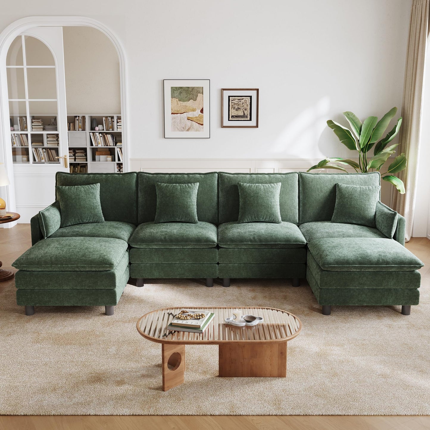 LINSY HOME 129'' Modular Sectional Sofa 4 Seat Couch Chenille Cloud Couch with Deep Seat, U Shaped Couch with 2 Movable Ottoman for Living Room, Office, Bedroom, Green(Pillows Included)