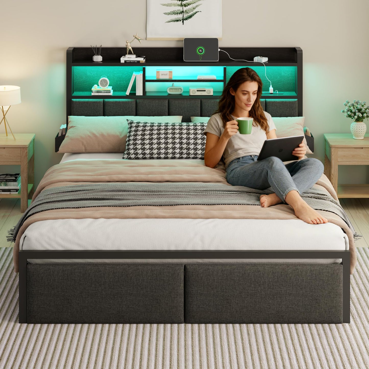 Furnulem Queen Bed Frame with Storage Drawers, Upholstered Headboard with LED Light & Charging Station, Metal Platform Bed Frame Queen Size, Noise Free, No Box Spring Needed, Black (1200 lbs Capacity)