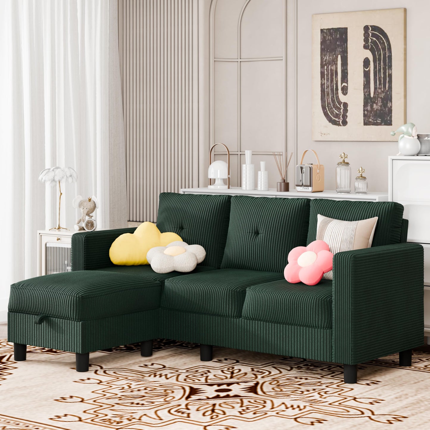 SUNLEI Convertible Sectional Sofa Couch, 3 Seat L-Shaped Sofa with Removable Ottoman Storage, L-Shaped Small Couch for Living Room, Olive Green